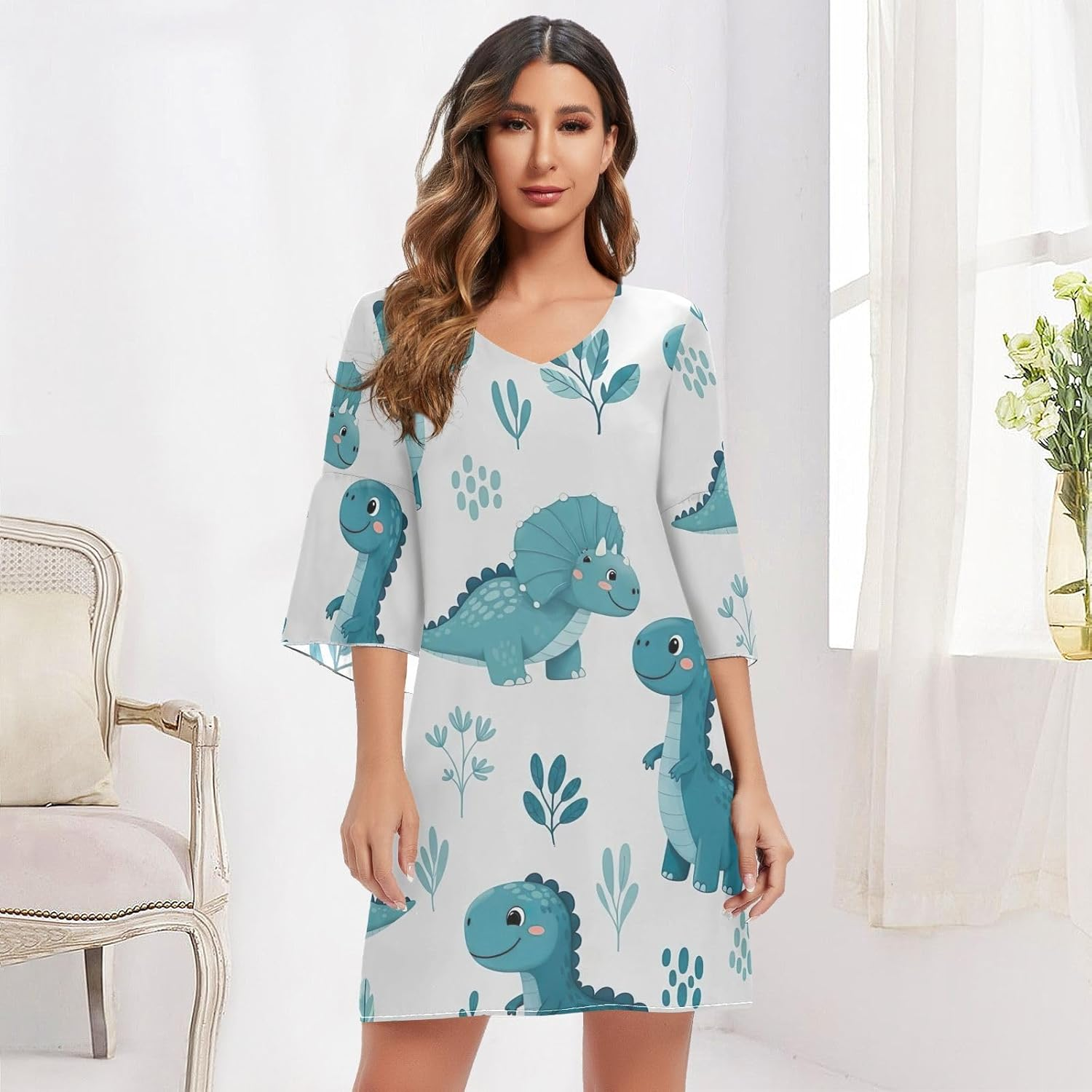 Cute Dinosaur Blue Casual Dress Printed Line Maternity Dress image number 2