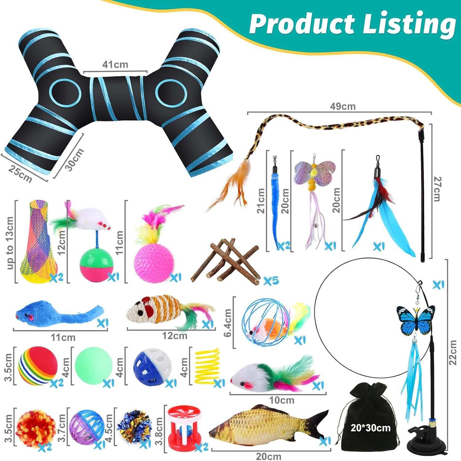 Cat Toy Kitten Toy Set for Indoor Puppies Cats, Including Funny Cat Stick, Foldable Cat Tunnel, Catnip Carrot, Mice, Crinkle Balls and Bells image number 6