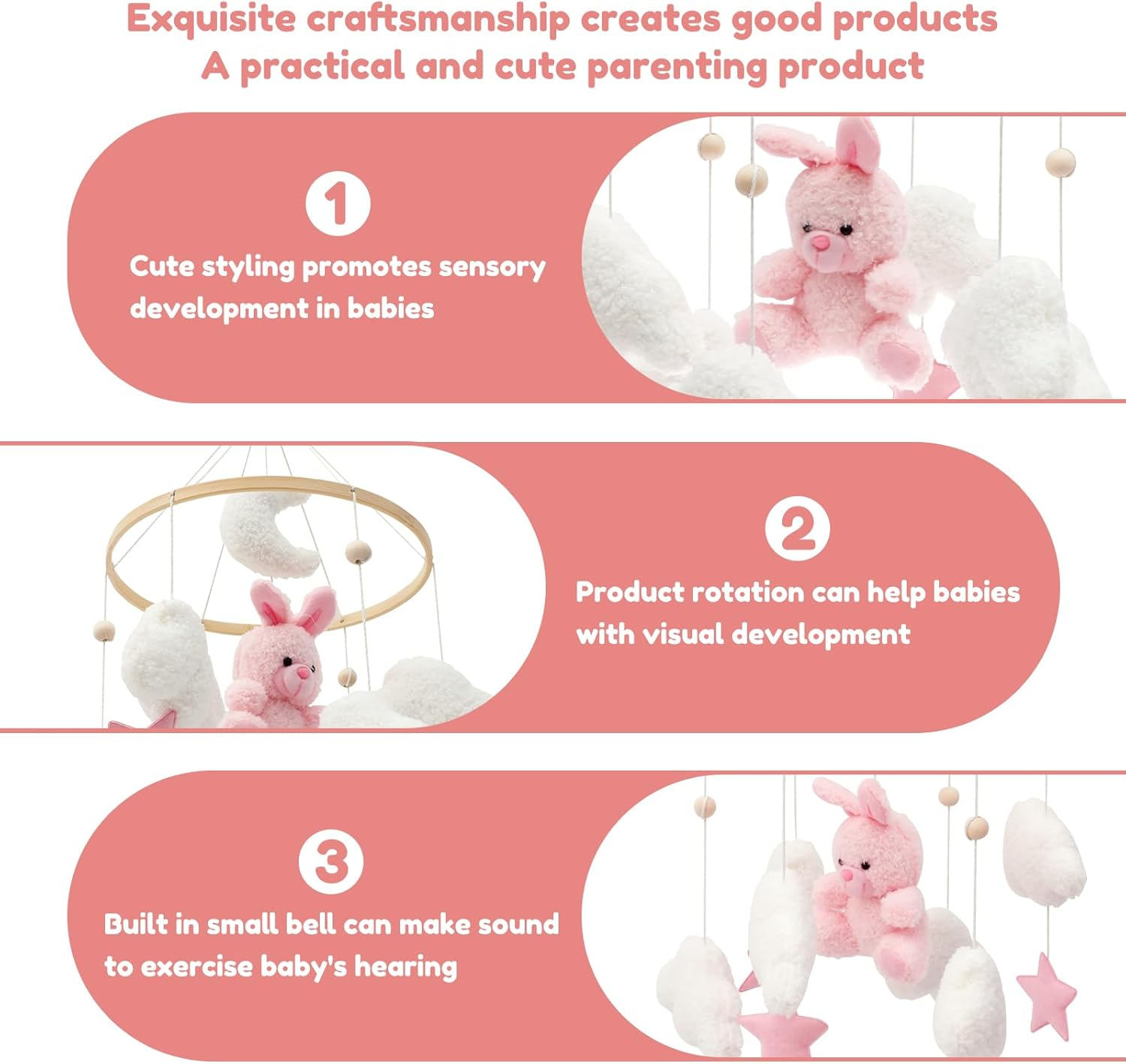 Baby Crib Mobile for Boys Girls Bassinet Soft Plush and Wood Nursery Mobile Cute Baby Bed Bell Charming Nursery Decor for Infant Newborn(Pink Rabbit) image number 6