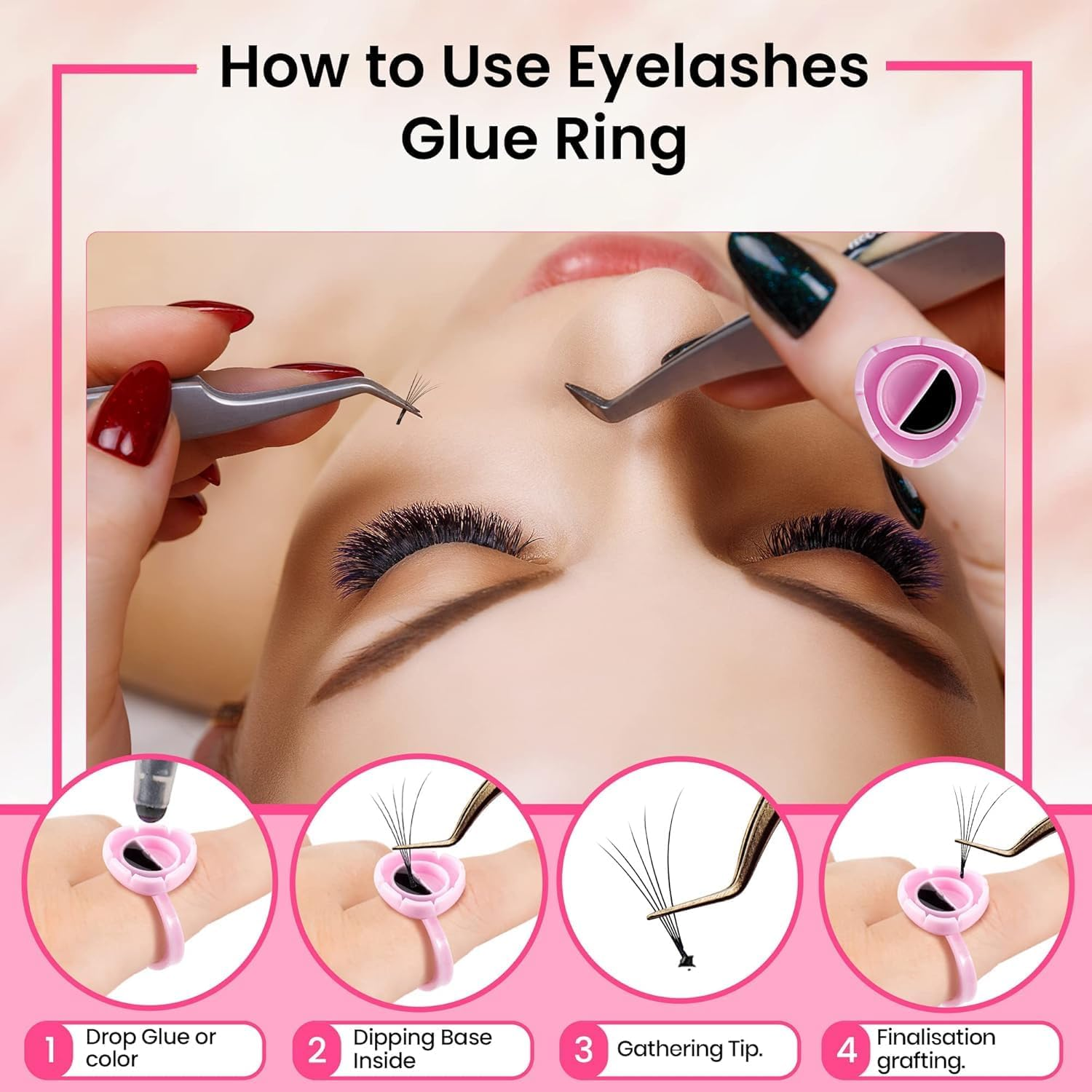 Pink Flower Shaped Plastic Lash Glue Rings, 100Pcs Lashes Lash Glues Holder Ring Glue Cup Rings, Pink Lash Extension Ring Holder Cup Glue Ring for Eyelash Extensions image number 4