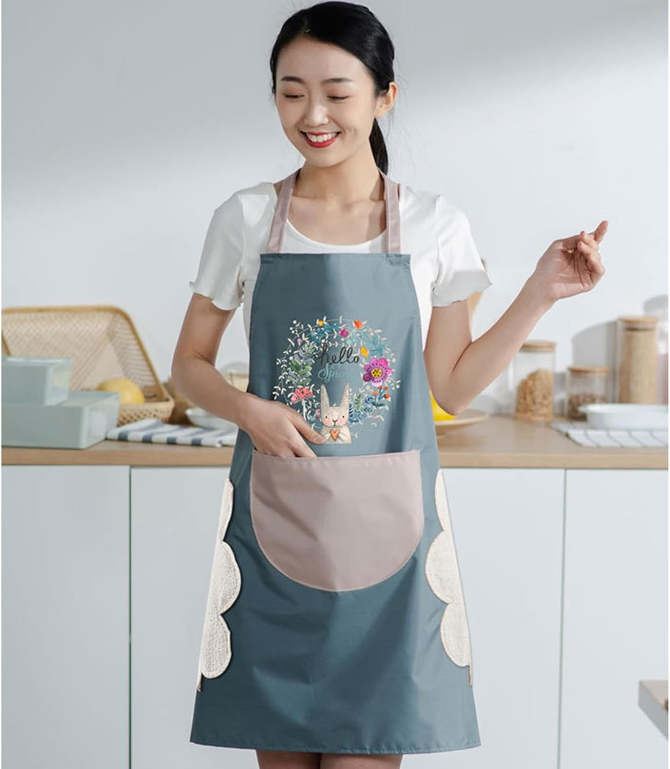 2Pcs Waterproof and Oil-Proof Aprons for Kitchen, Cooking Aprons with Pockets, Adjustable Kitchen Bib Aprons for Women Men Chef, Can Wipe Hands, Blue/Pink. image number 4
