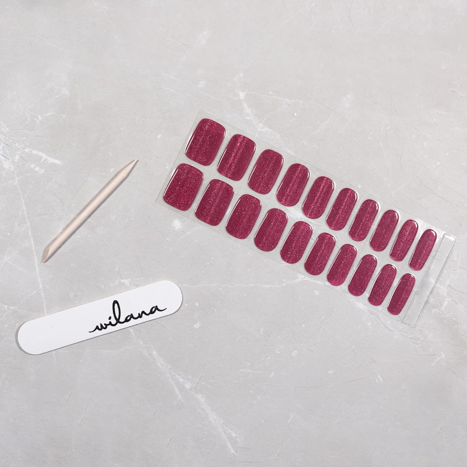 Wilana Gel Nail Stickers - Long-Lasting Semi-Cured Gel Nail Strips - Dark Pink Velvet Magnetic Glitter (Berry Luxe) image number 5