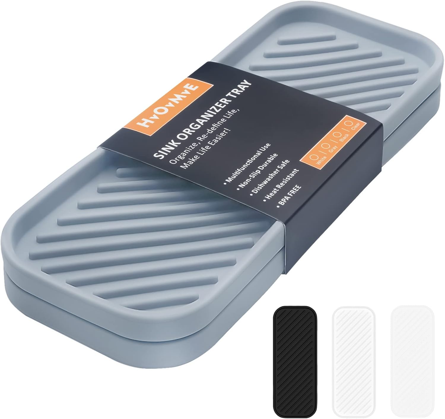 Hvovmve Silicone Organizer Tray, Soap and Sponge Holder for Kitchen Sink, Bathroom - Storage Tray for Dish Brush, Soap Dispenser, Dishwashing Accessories- 2 Pack Black