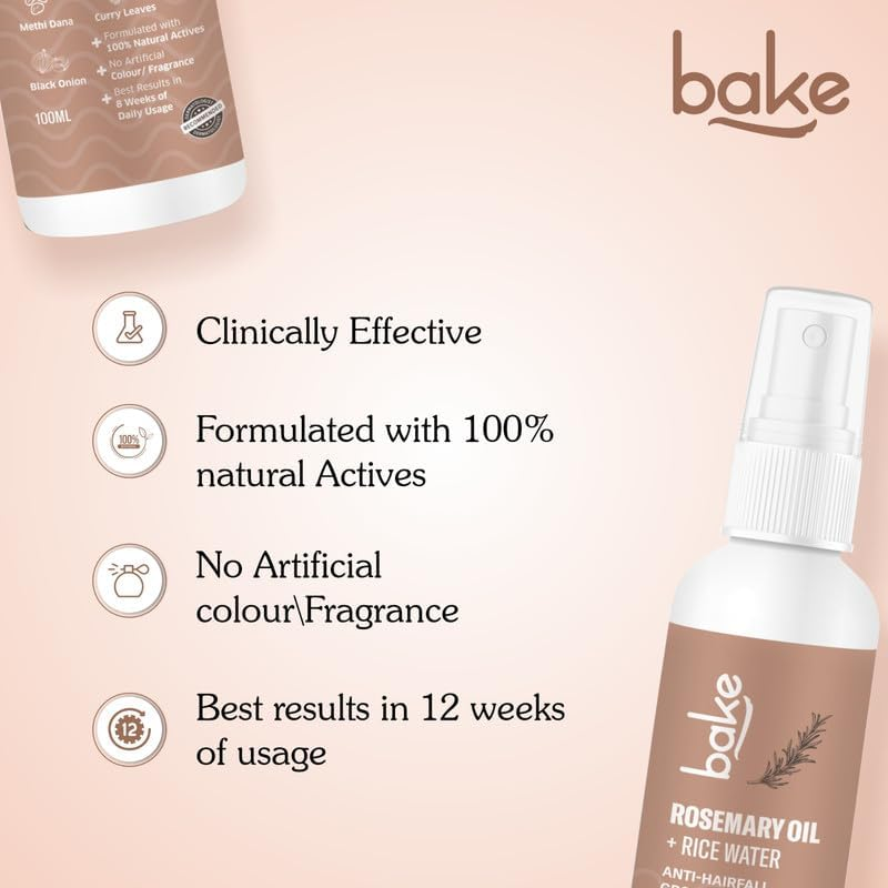 BAKE Rosemary Oil Hair Growth Serum Spray with Rice Water & Methi Dana | for Hair Fall, Hair Regrowth & Keratin Treated | Strengthen Hair Follicles | for Women & Men | 100Ml (Spray)