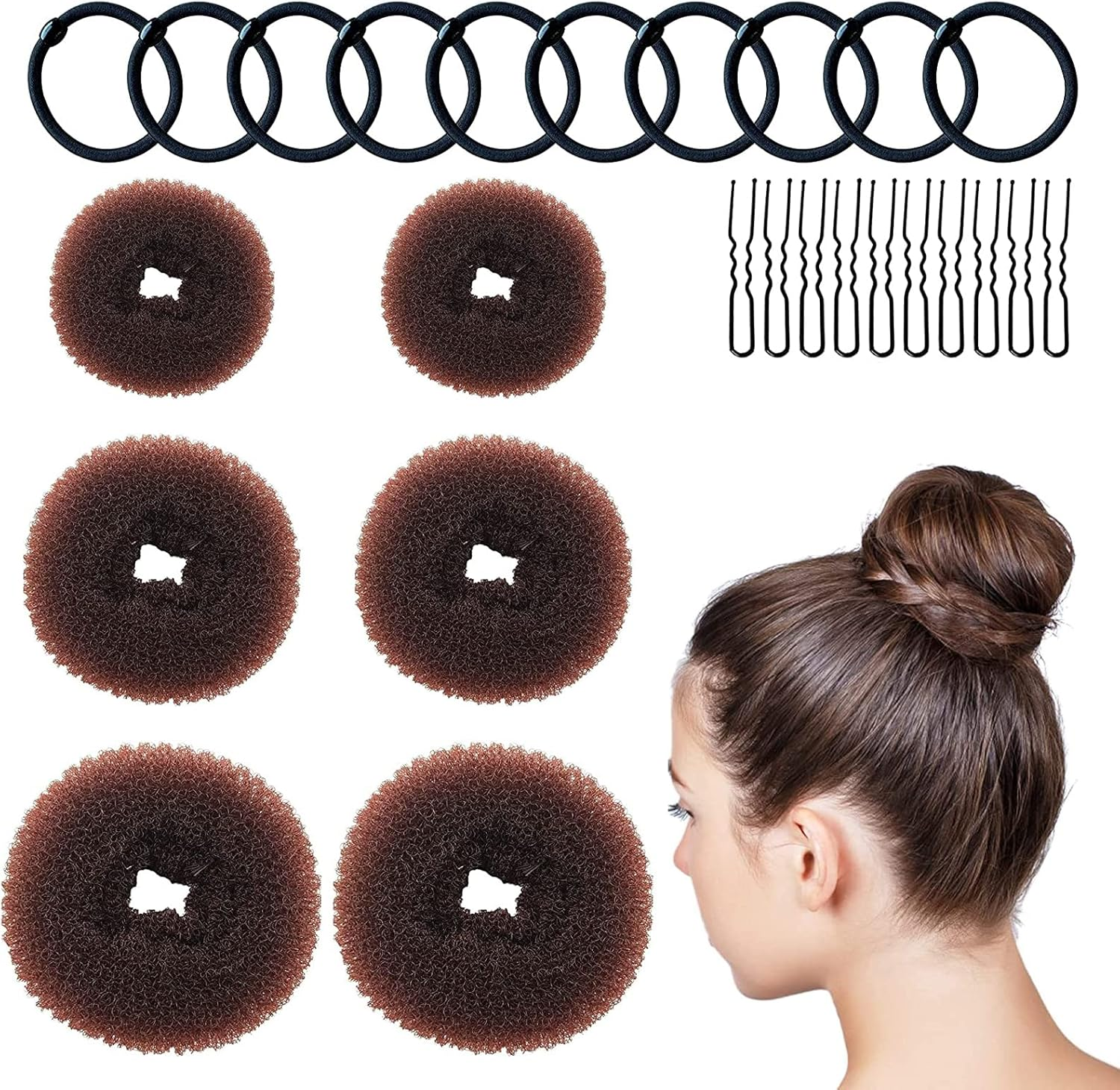Pack of 6 Bun Cushions, Doughnut Hair Bun Maker Set with 10 Elastic Hair Bands and 10 U-Shaped Hair Pins, VEGCOO Bun Pillow Small and Large Nylon Hair Donut Brown Bun Aid for Children Women Girls (White)