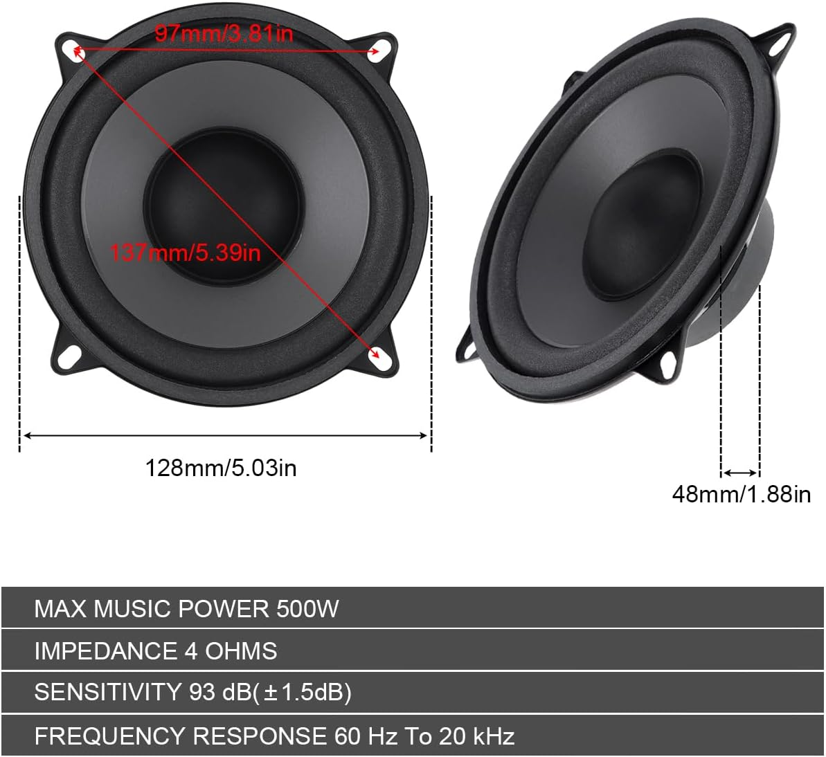 Drisentri 2 Pieces 5 Inch 500W 2-Way Car Hifi Coaxial Speaker Vehicle Door Auto Audio Music Stereo Full Range Frequency Speakers image number 1