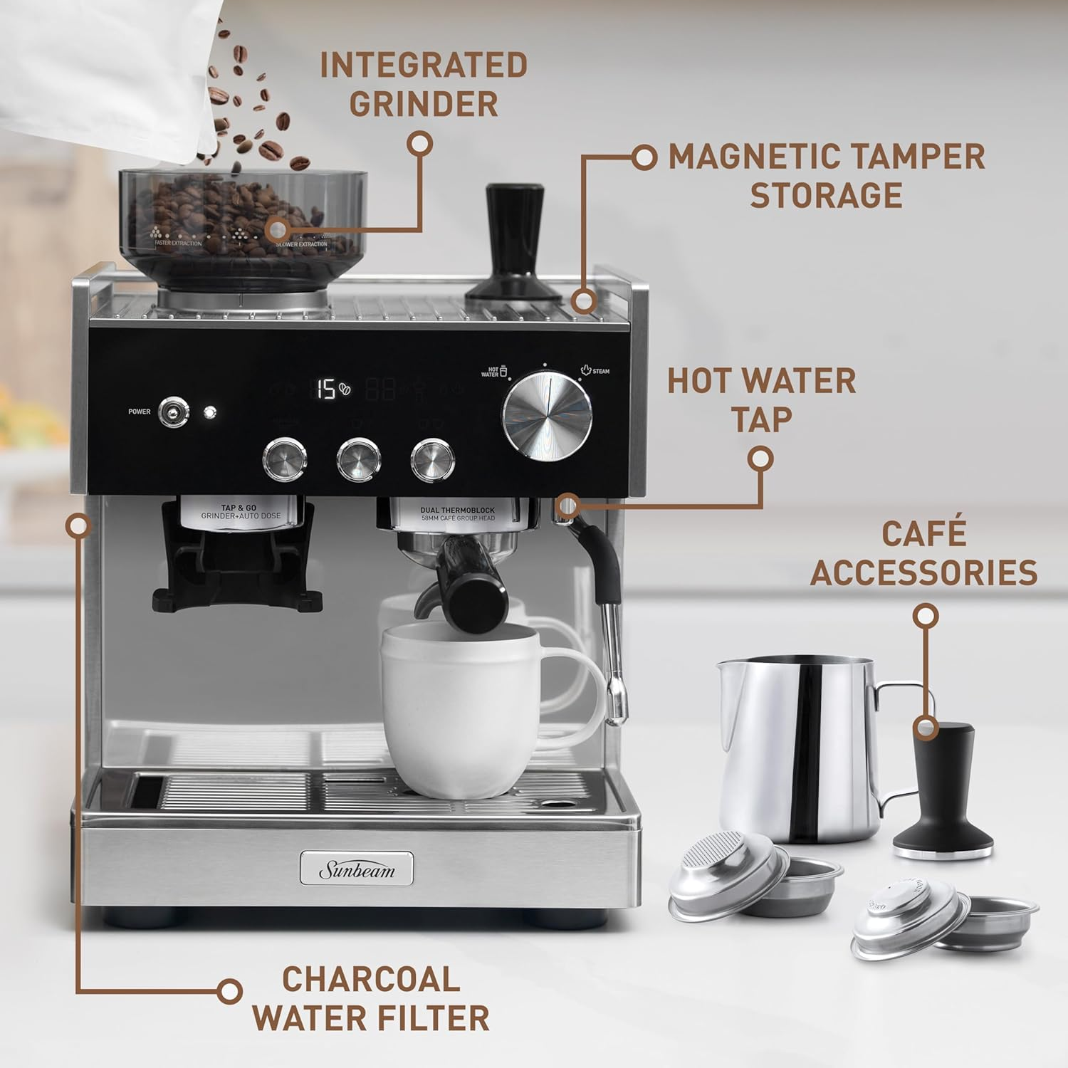 Sunbeam Origins Dual Espresso Machine | Coffee Machine W/Built-In Conical Burr Grinder & Anti-Static Technology, Dual Thermoblock System for Simultaneous Brewing & Steaming, Stainless Steel EMM7300SS image number 1