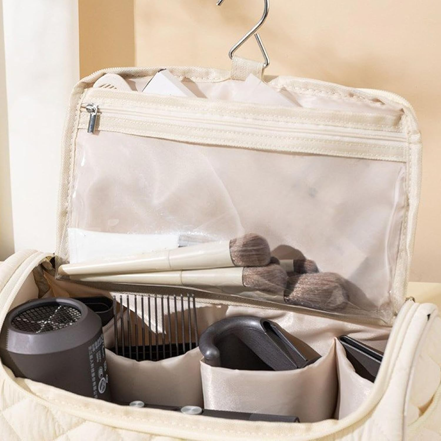 Quilted Hair Tool Travel Bag, Cute Portable Organizer Case with Hanging Hook, Makeup Bag, Cotton Hair Tool Bags for Travel, for Brush Straightener Curler Cosmetics - 3 image number 5