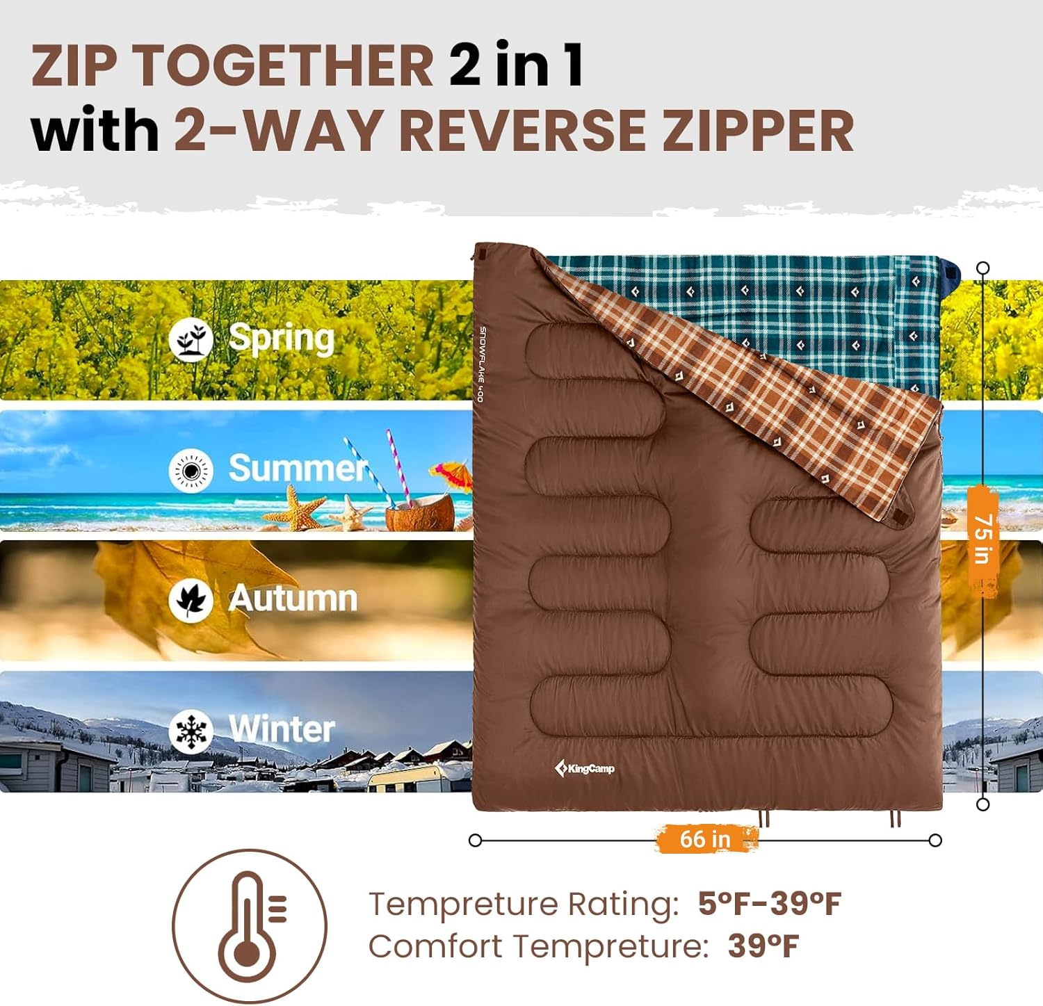 Kingcamp Cotton Flannel Sleeping Bag, Big and Tall Sleeping Bags for Adults Cold Weather, Zip Together for 2P Sleeping Bag for 3 Season, Lightweight, Water Resistant for Family Camping Backpacking - 5.7Lbs Coffee Right image number 4