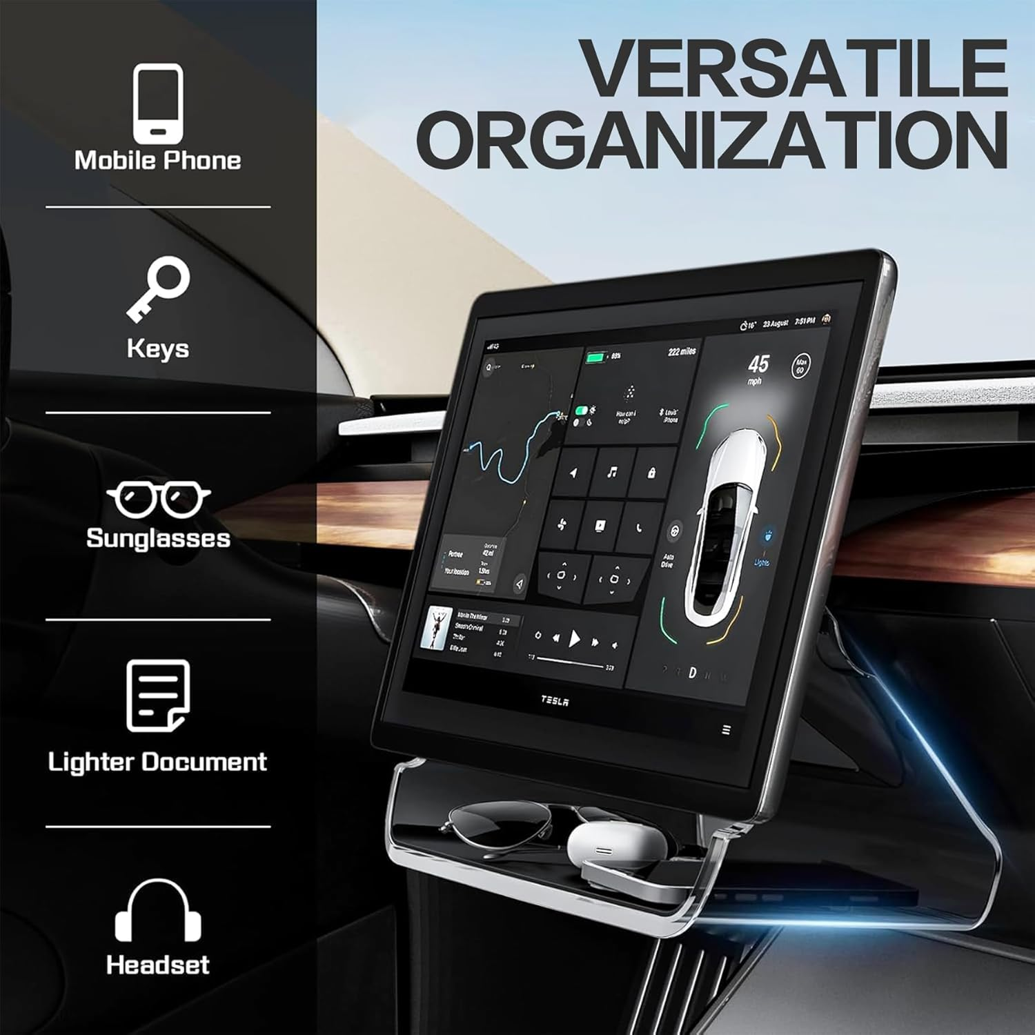 Car Center Console Organizer for Tesla Model Y 2025 Refreshed (Juniper), under Screen Storage Box Magnetic Tray Dashboard Tissue Holder for Tesla Model 3 Highland 2026-2024 Accessories (Clear) image number 1