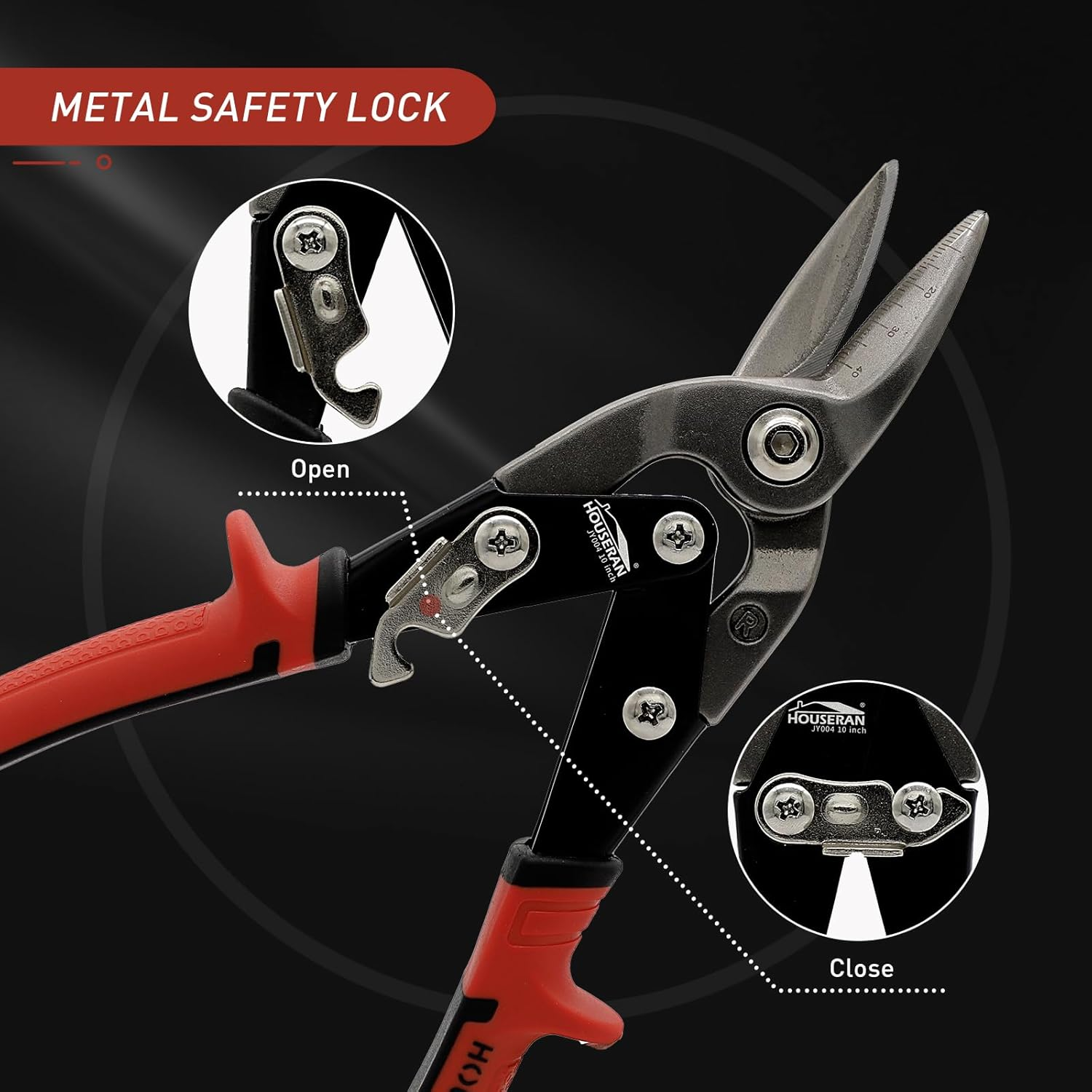 HOUSERAN 10 Inch Tin Snips, Right Cut Offset Aviation Snips, Heavy Duty CR-V Metal Cutter with Double Lever, Scale Markings & Safety Lock, Tinner Shears Scissors for Cutting Metal Sheet - Jy003 image number 2