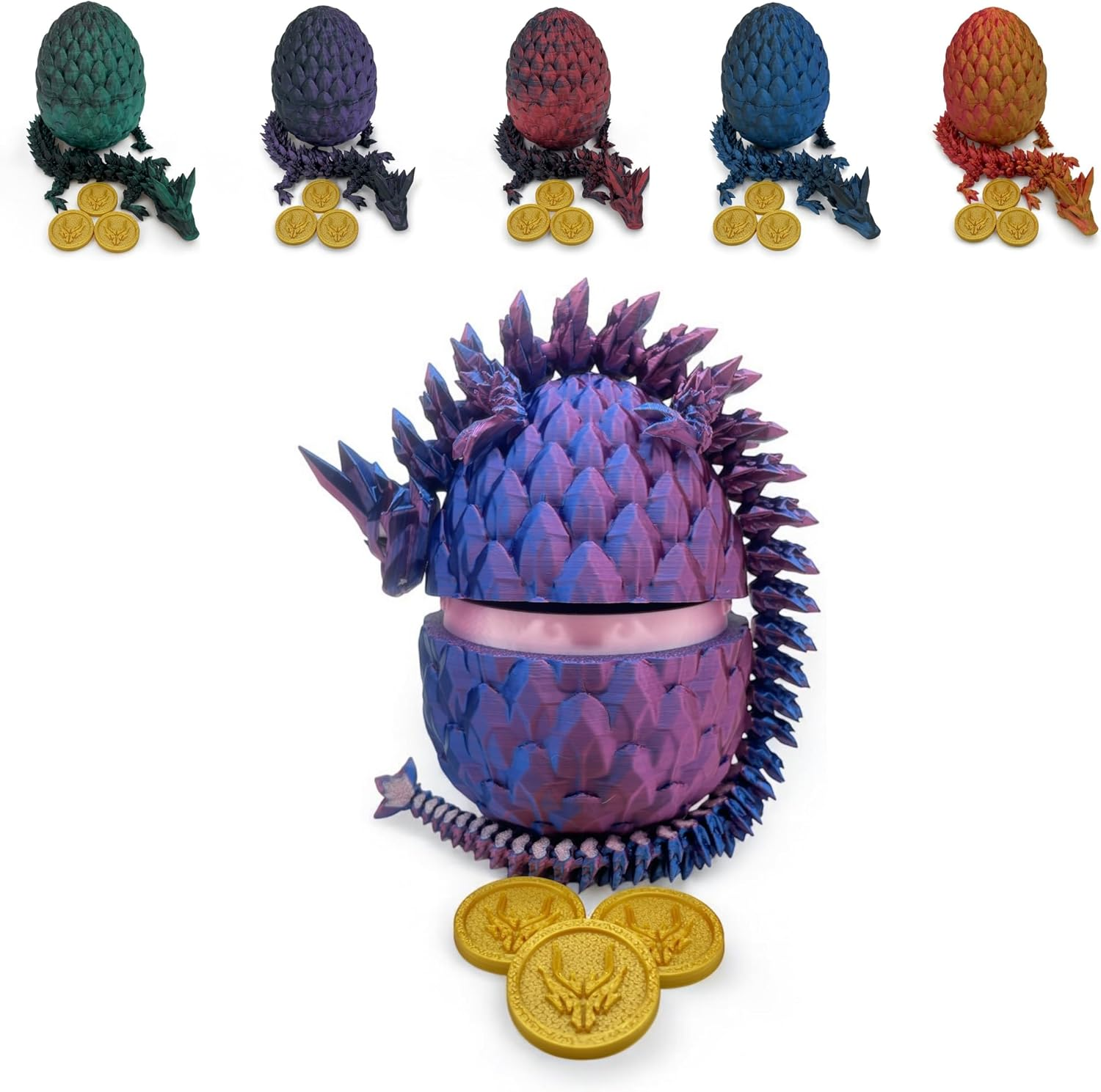 3D Printed Egg with Dragon Inside, Large Crystal Dragon in Scaled Egg with Lucky Coins, Full Articulated Figurine for Adults with ADHD, Autism, Stress and Anxiety Relief (Purple and Black)