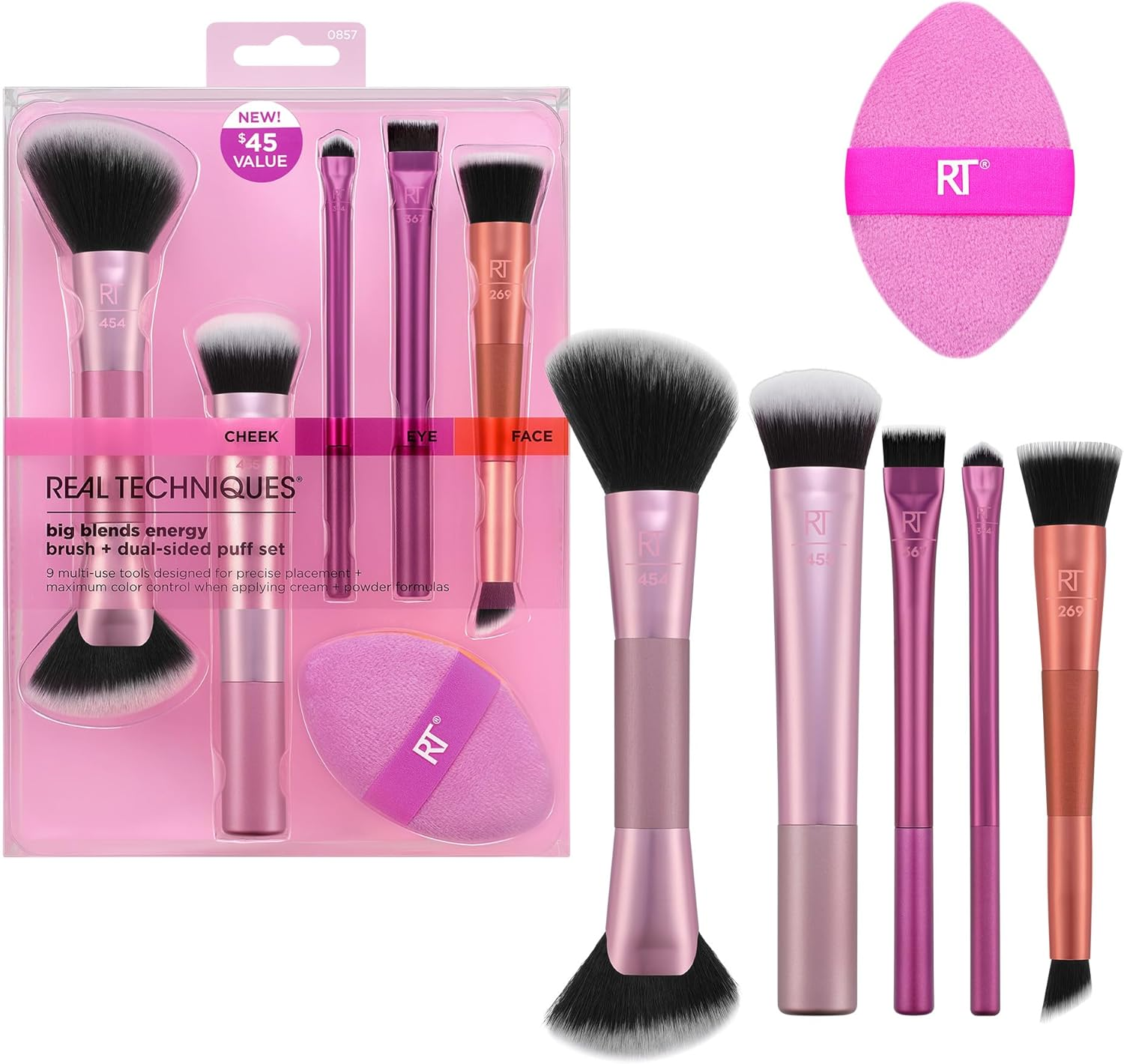 Real Techniques Big Blends Energy Brush + Dual-Sided Puff, 6 Piece Kit for Powder, Cream & Liquid Application, Precision Tools for Contour, Blending & Finishing, Vegan & Cruelty-Free image number 4