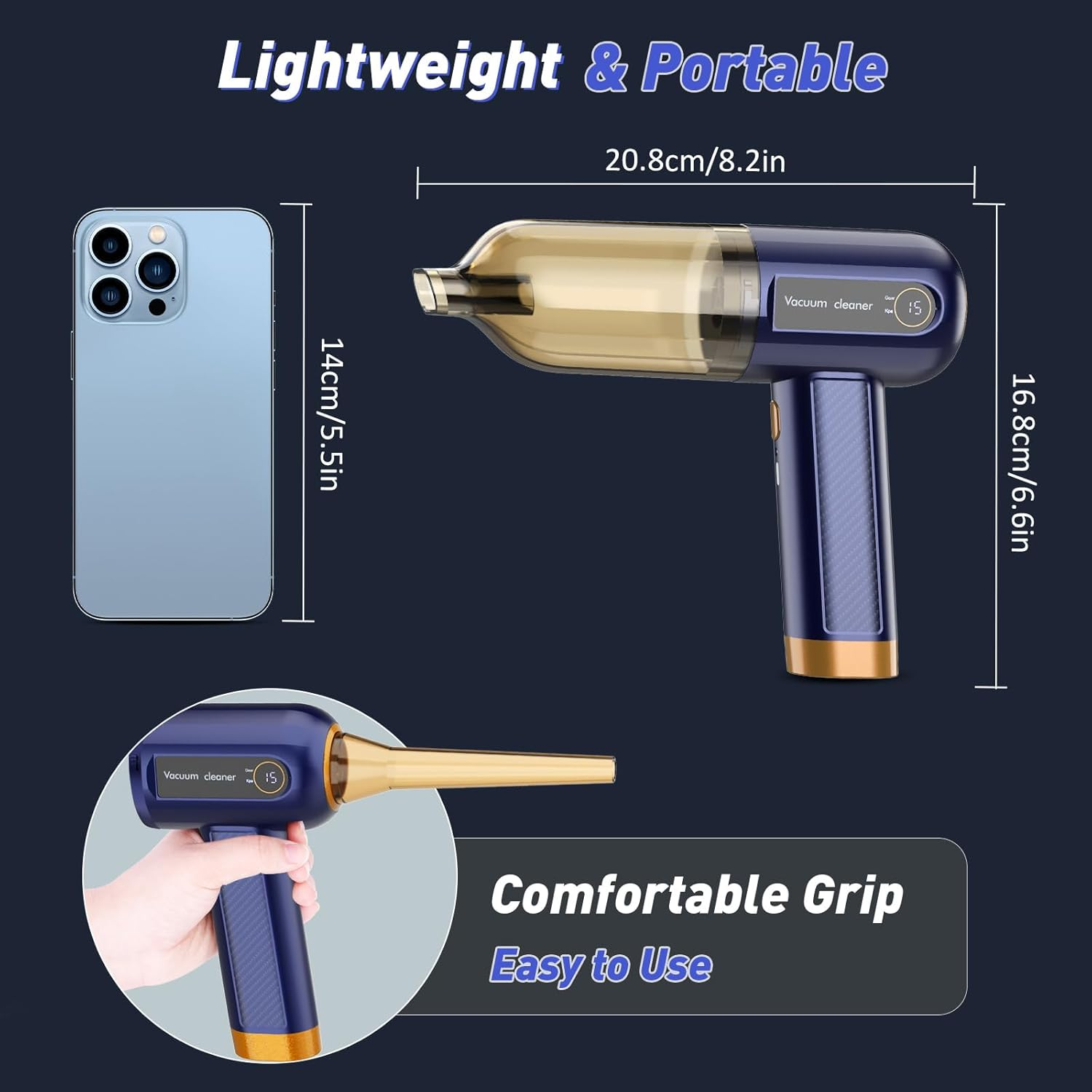 Musclez Car Vacuum Cleaner, 15000PA Mini Portable Handheld Car Vacuum Rechargeable Dust Buster, Wireless Air Blower, LED Display Powerful Cordless Vacuum Cleaner for Home Pet Hair Office(Blue) image number 2