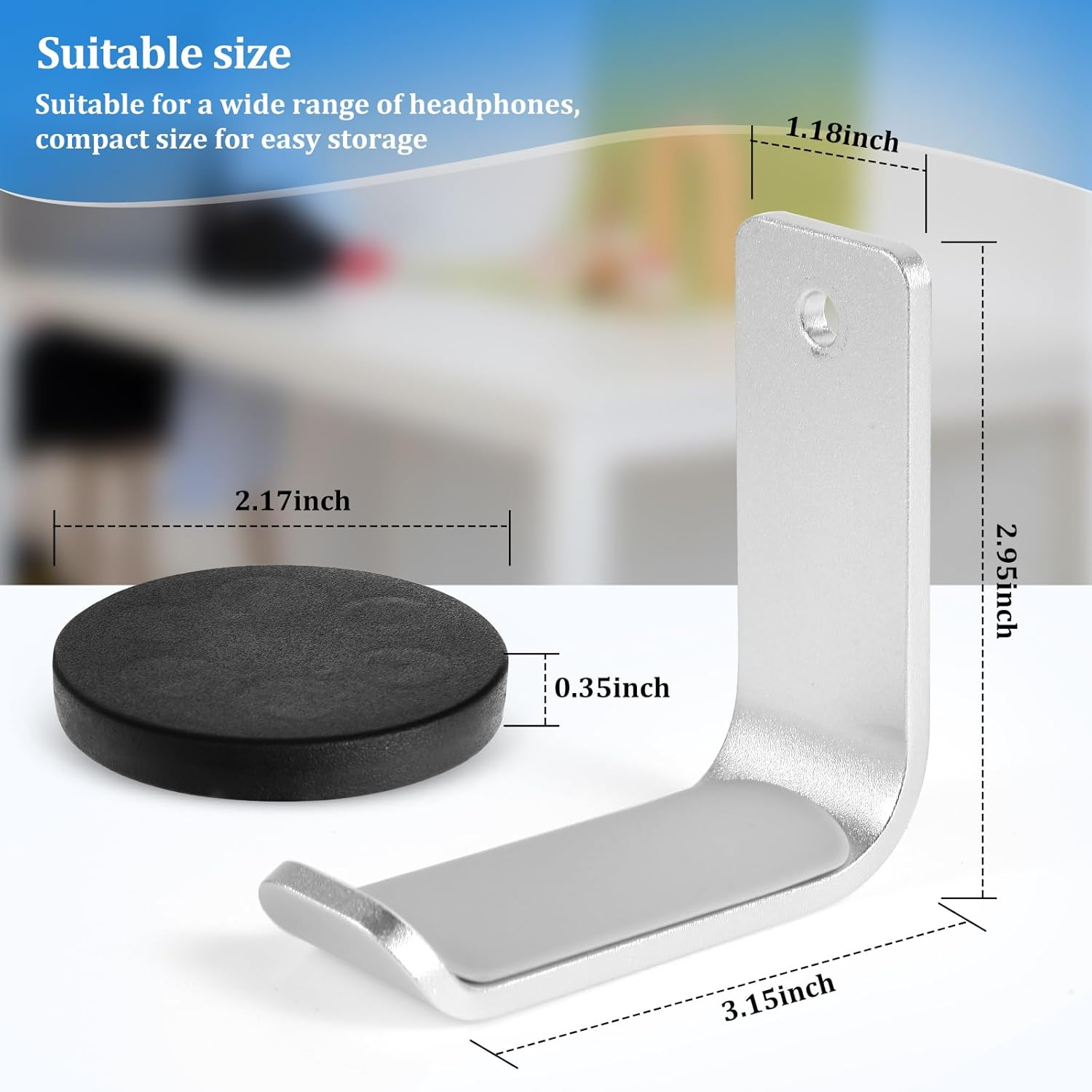 Magnetic Headphone Holder, Aluminum Headset Hooks, Headphone Hanger for Desk & Table, Headphone Mount Stand with Rubber Pad, Compatible with All Computer/Gaming Headsets (Silver) - Silver image number 3