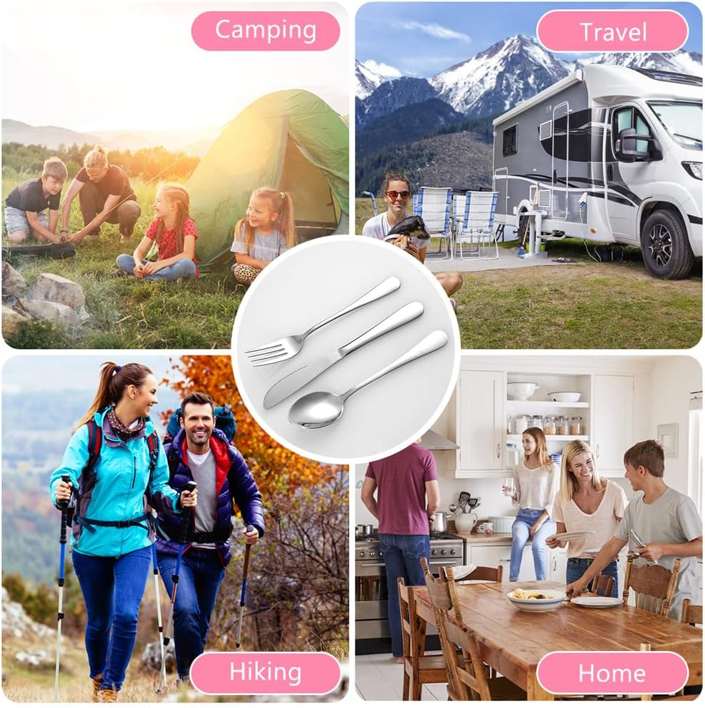 HOTUT Camping Cutlery Set, 3 Pieces Reusable Utensils Set, Portable Stainless Steel Cutlery with Plastic Box, Portable Kitchenware for Outdoor Travel Picnic Office School Lunch Box - Pink image number 1