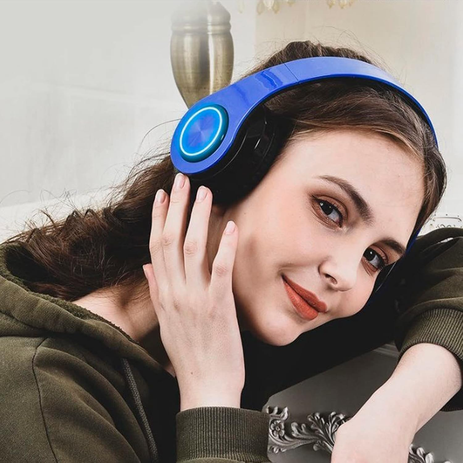 Kids Bluetooth over Ear Headphones, Colorful LED Lights Headphones with Built-In Mic, Bluetooth 5.0, Wired and Wireless Foldable Stereo Headphones for Classroom/Home Office/Tablet/Airplane(Blue) image number 5