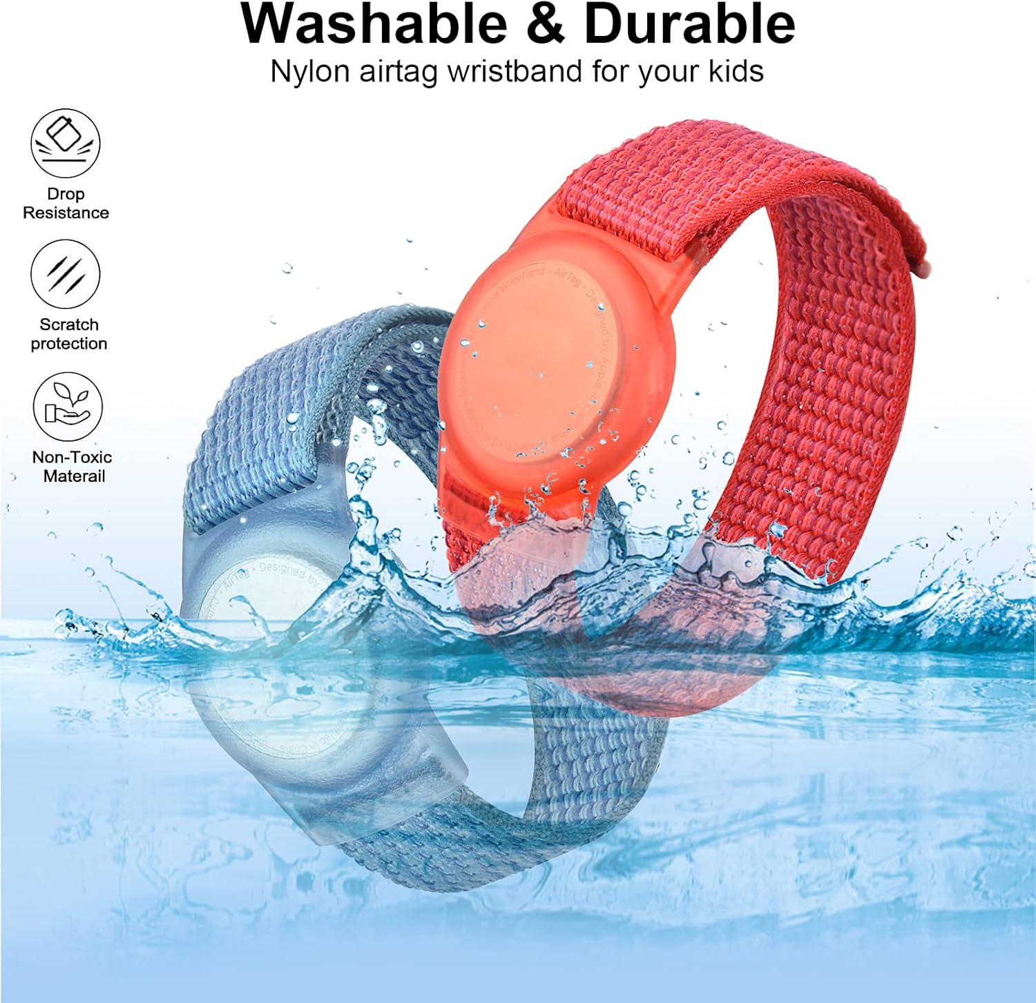 2 Pack Kids Wristband for Airtag, Nylon Watch Band GPS Tracker Holder Protective Case Compatible with Apple Air Tag, Adjustable Anti-Lost Bracelet for Toddler Baby Children Elders - Black+Pink image number 3