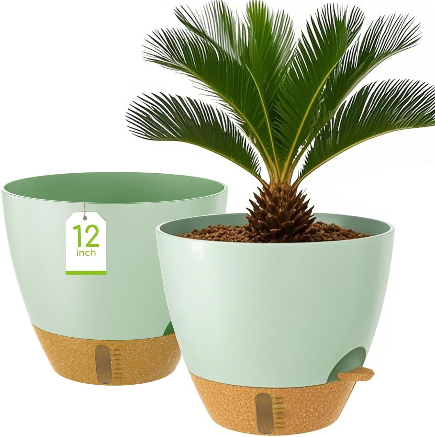 2 Pack 12 Inch Self Watering Plant Pots with Drainage Holes, Uv-Resistant Plastic Planters for Indoor Outdoor Plants, Modern Flower Pots with Tray (White)