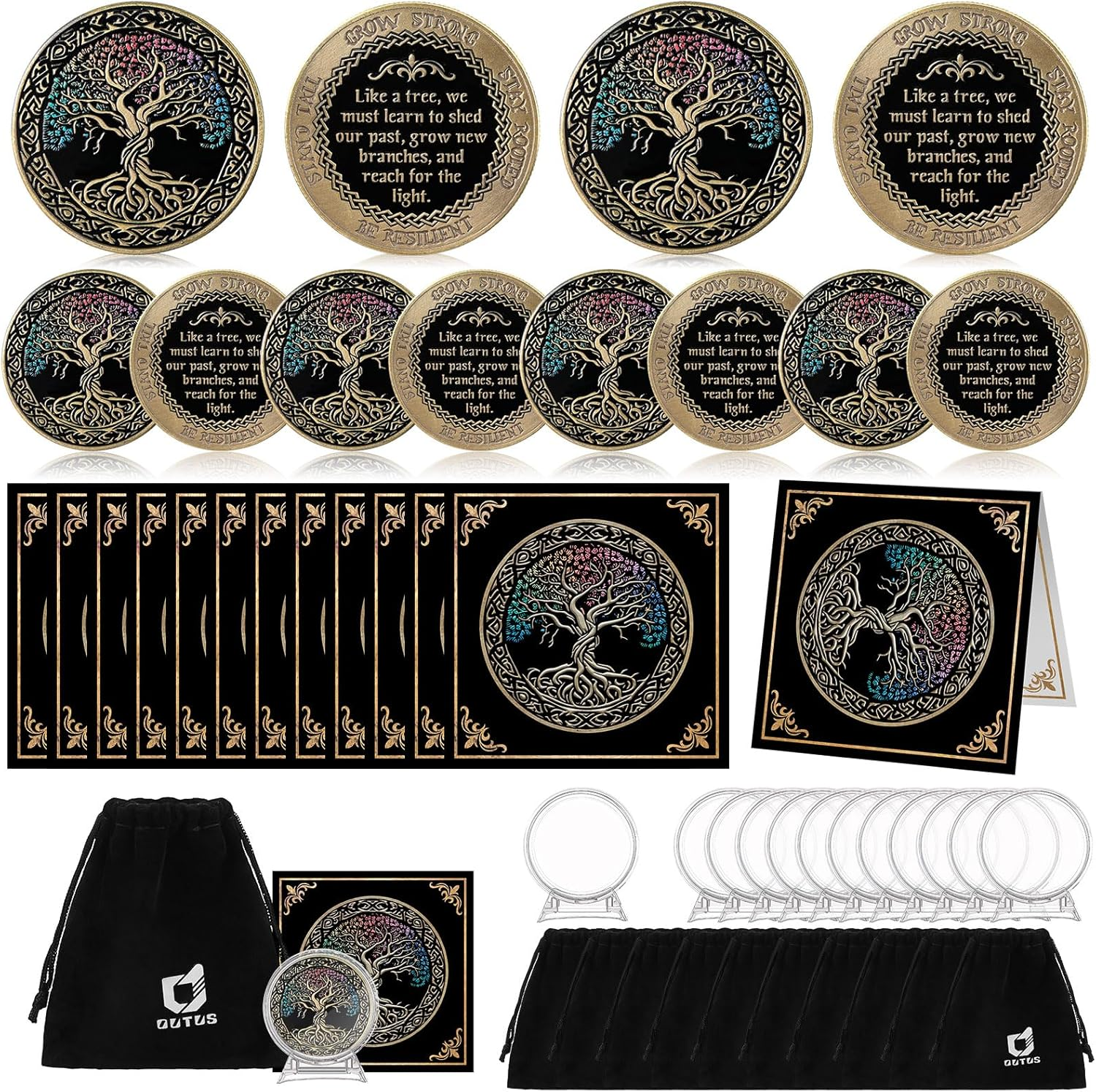 Outus 12 Set Affirmation Sobriety Coin Gift Tree AA Chip Medallion with Coin Capsule, Display Stand and Card Alcoholics Anonymous Medallion Sobriety Gifts for Anniversary Men and Women in Recovery image number 1