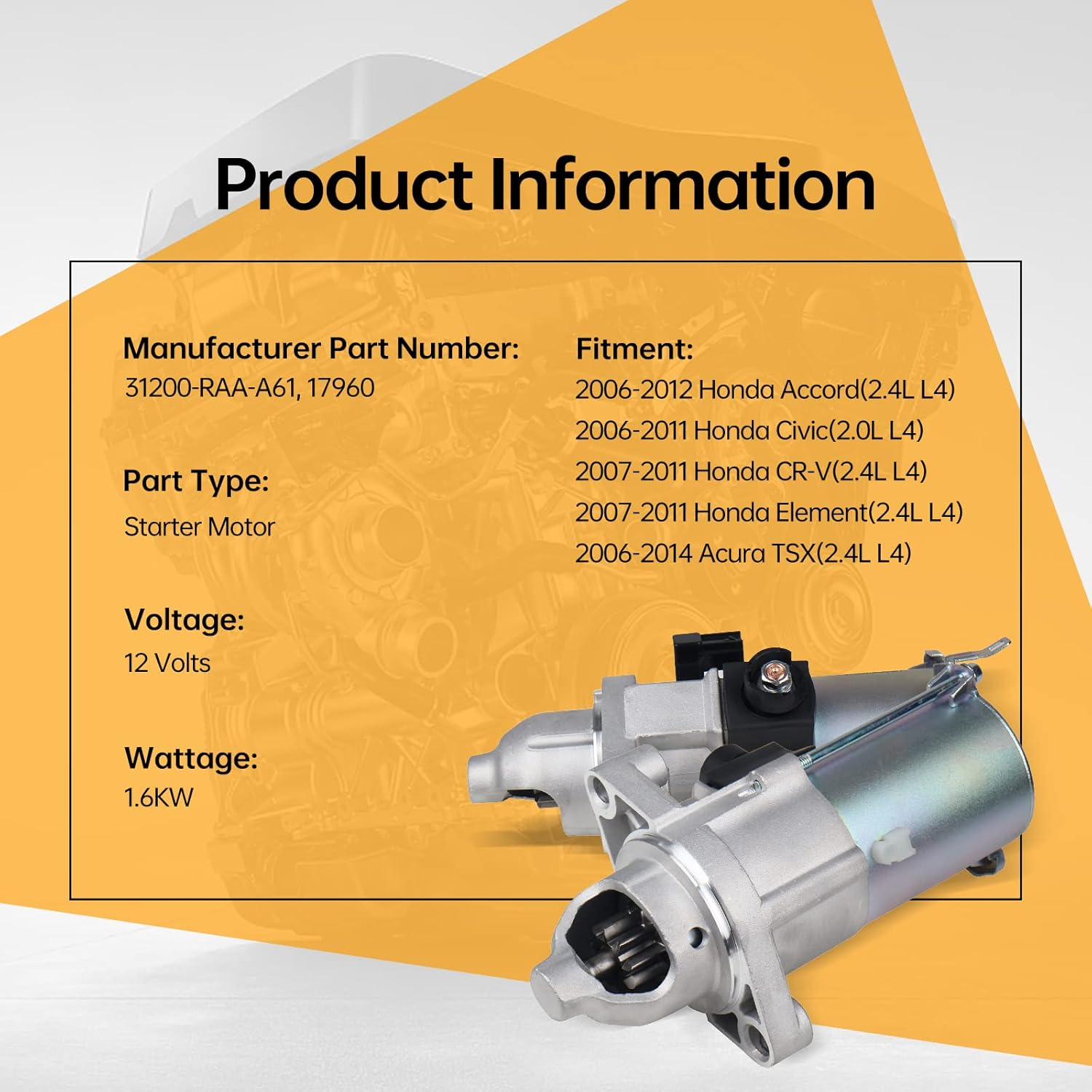 KUSATEC 17960 New Starter Fit for Honda Civic 2006-2011, Accord 2006-2012, CR-V 2007-2011, Element 2007-2011;Acura TSX 2006-2014 2.0L 2.4L Engine, OE Replacement 31200RAAA61