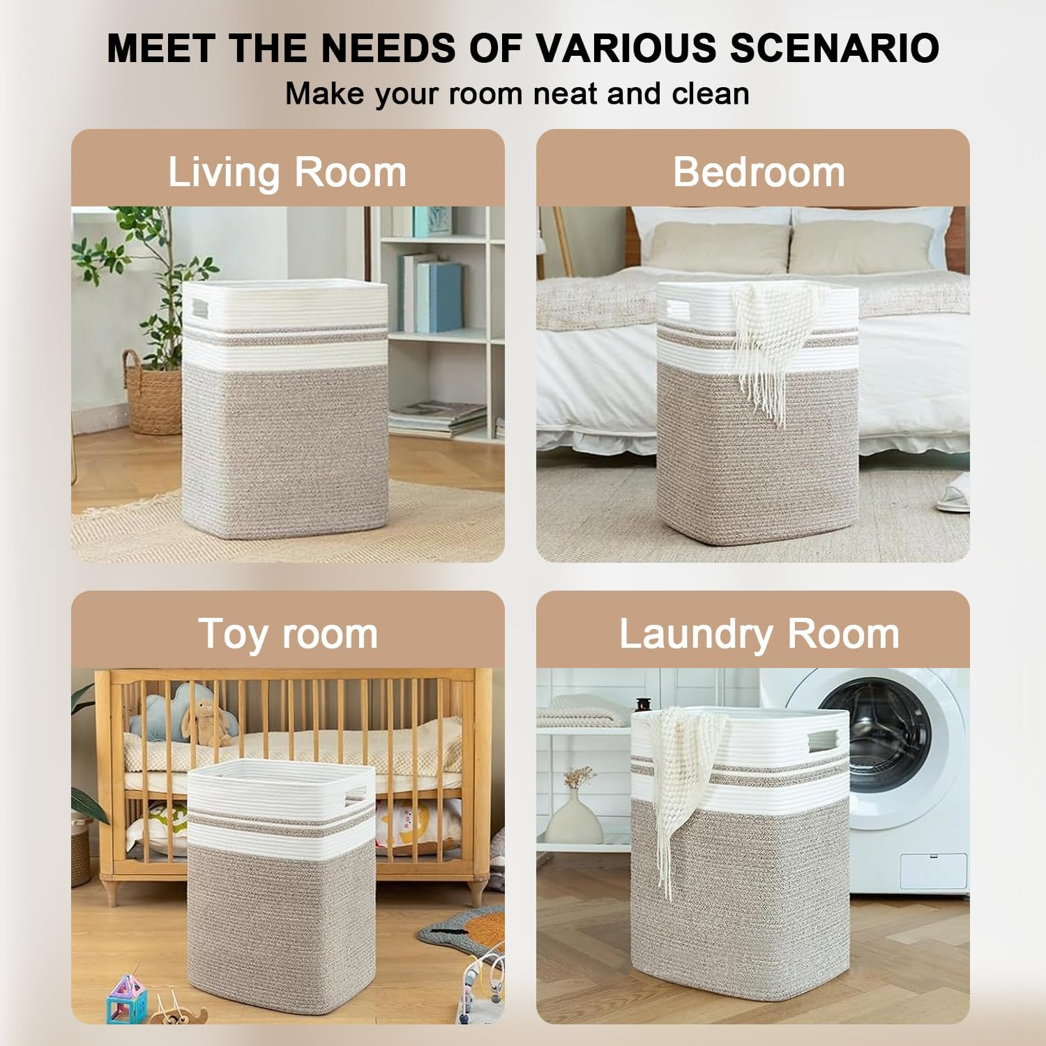 OWNKING Laundry Basket, Tall Woven Cotton Laundry Hamper, Large Capacity Collapsible Storage Basket, Decorative Versatile Blanket Basket for Clothes, Blankets, Toys Storage & Organization, 16X13X22In image number 6