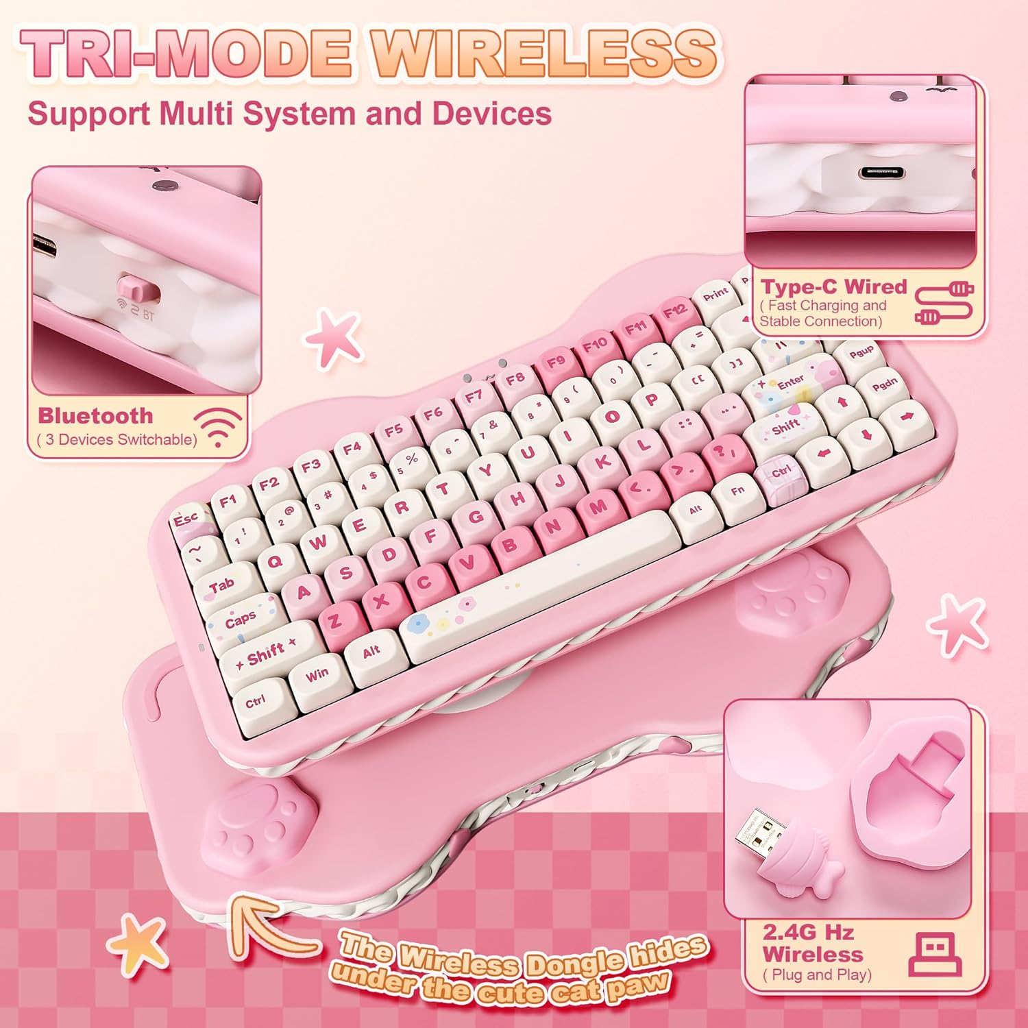 YUNZII C75 Wireless Mechanical Keyboard, 75% Layout Hot Swappable Creamy Keyboard NKRO, PBT MOA Keycaps RGB Backlit Gasket Mount,Cake Design BT5.0/2.4G/USB-C for Win/Mac/Gaming (Pink, Milk V2 Switch) - Beige image number 3
