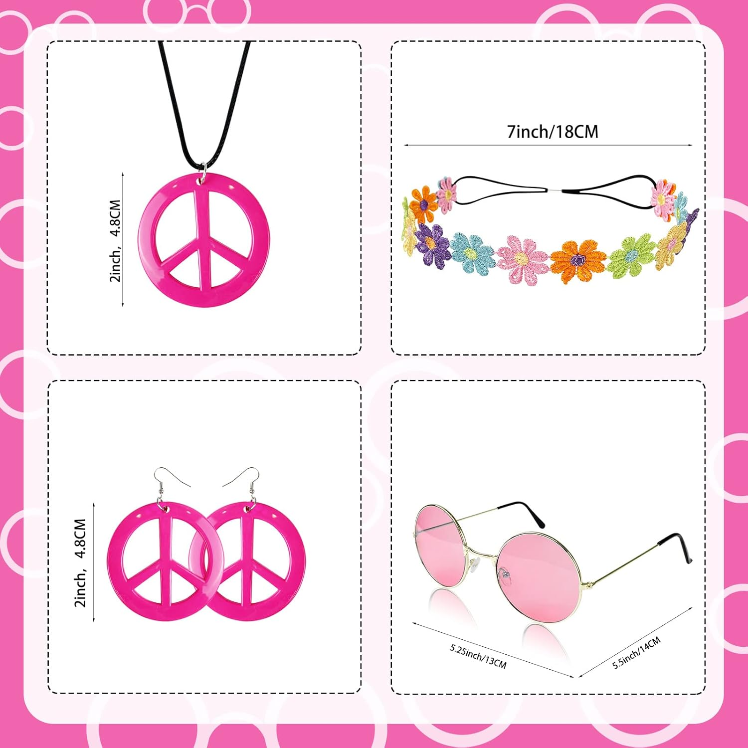 Hippie Costume Set Include Peace Sign Necklace Earrings, Flower Crown Headband and Colored Sunglasses 60S 70S Women Dressing
