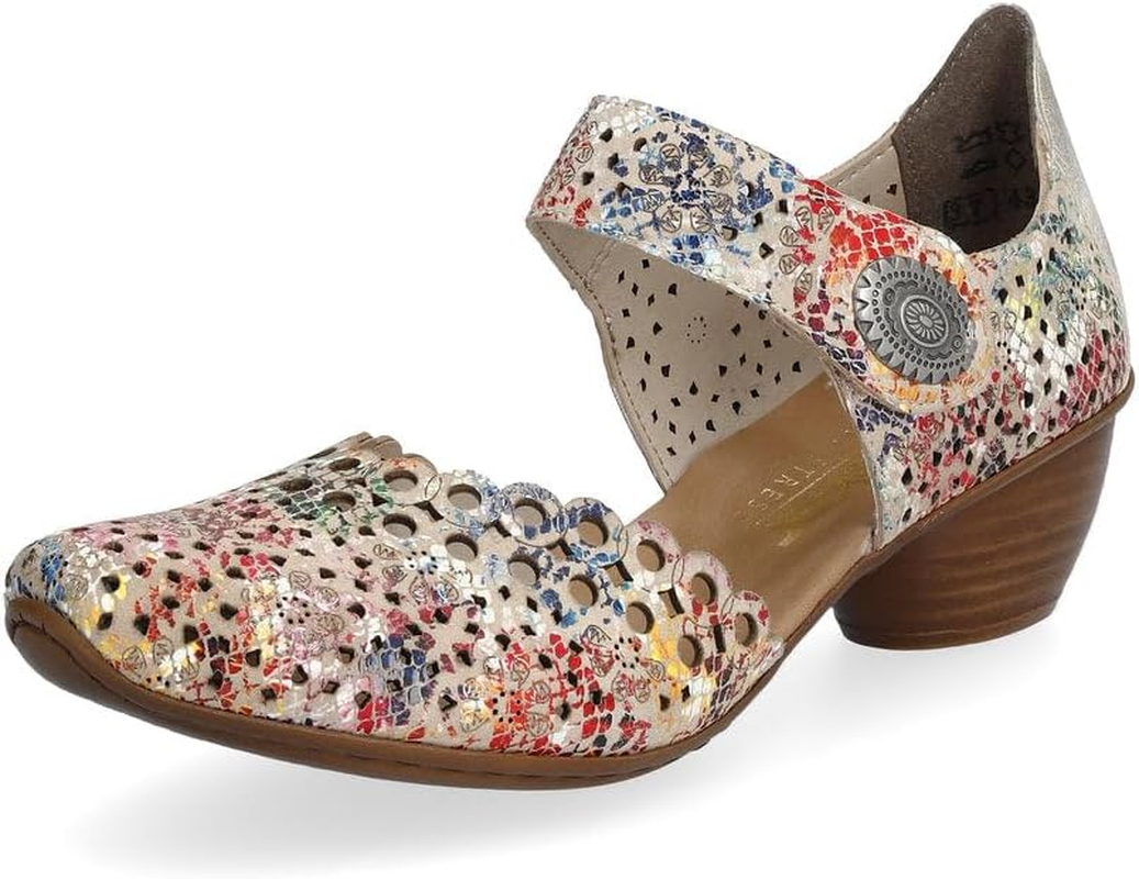 Rieker 43753 Mirjam Women'S Mary Jane Heels - Low-Heel Leather Shoes with Adjustable Ankle Strap & Laser-Cut Design - Comfortable Women&rsquo;S Heels for Casual & Dressy Wear