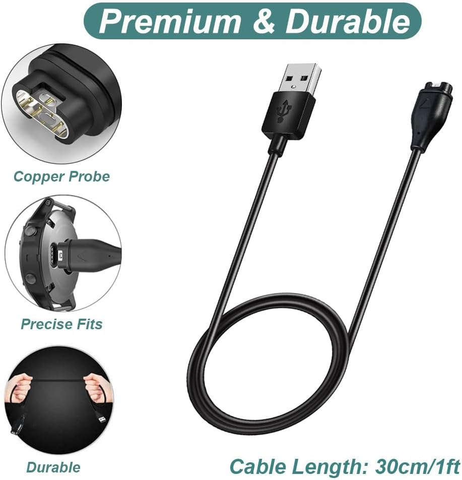 Kissmart Charger for Garmin Instinct & Instinct 2 2S 2X 3, Replacement Charging Cable Cord plus a Black Silicone Charger Port anti Dust Plug (2 Pack) image number 1