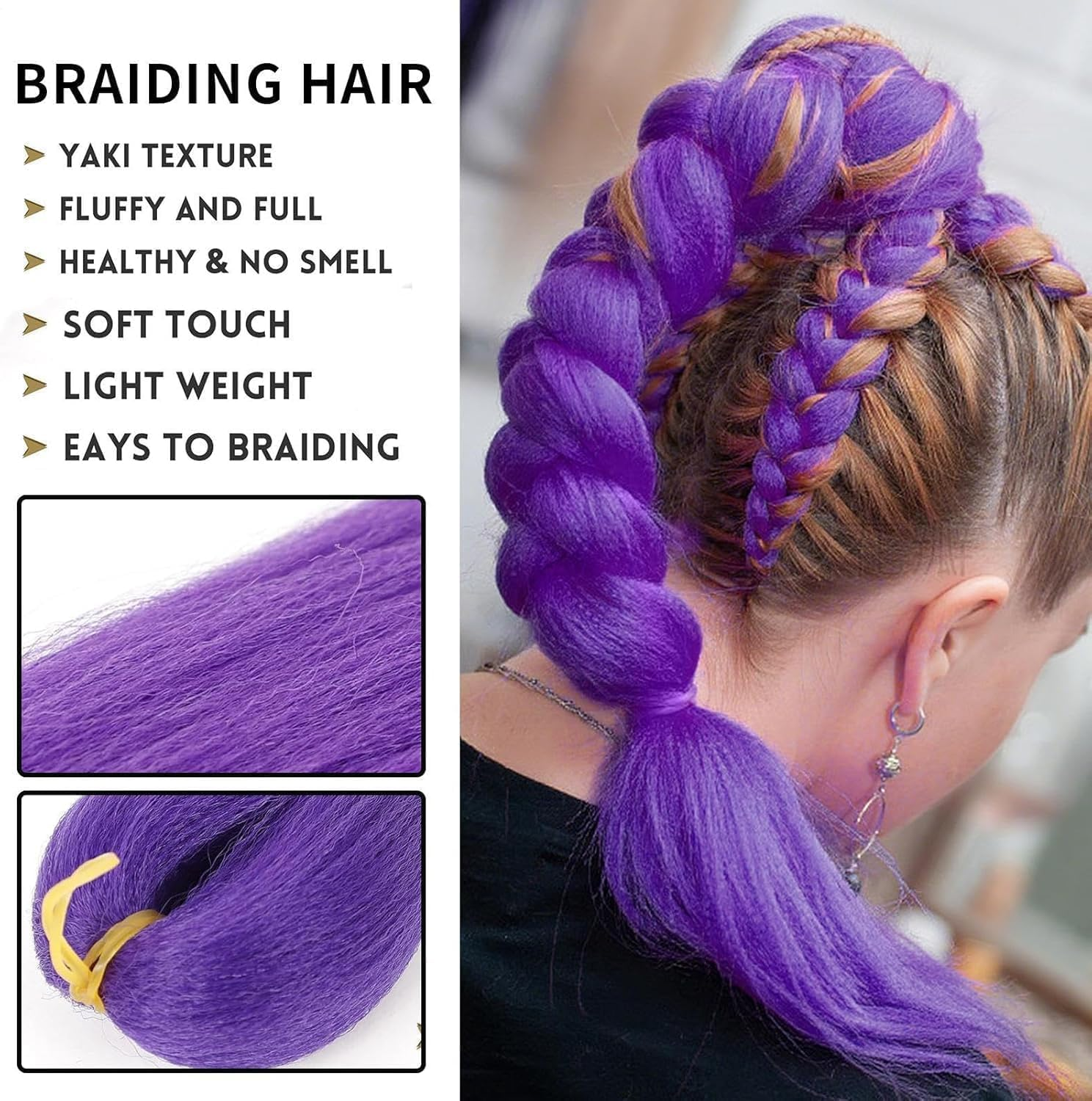2Pcs Long Purple Braiding Hair for Kids, Pre Stretched Synthetic Braiding Hair Extensions for Braids, for Halloween Christmas Costume Cosplay image number 1