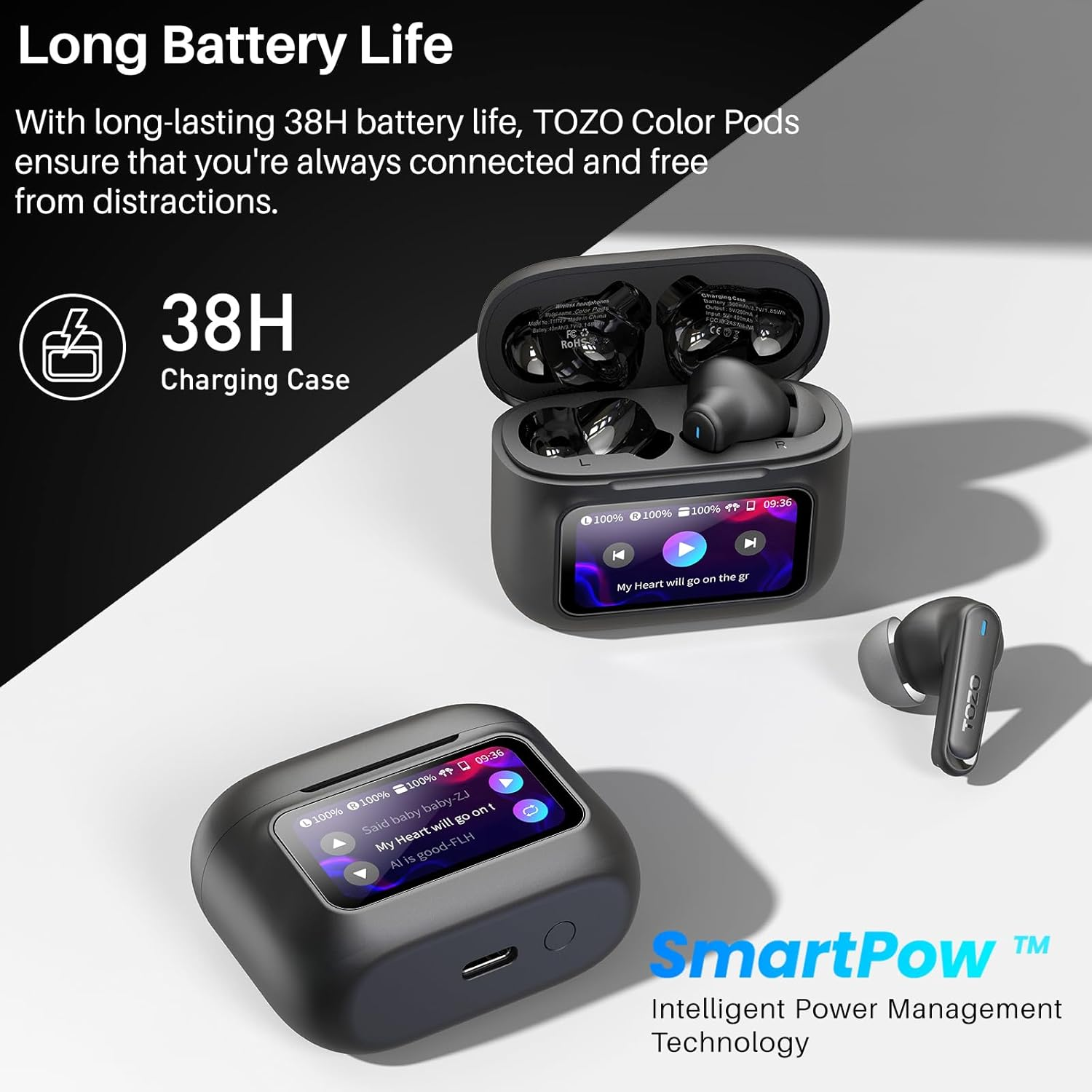 TOZO New Colorpods Wireless Earbuds with Touch Screen Active Noise Cancelling Ear Buds Dual Mic ENC Clear Call Deep Bass in Ear Bluetooth 5.3 Headphone Long Playtime IPX6 Waterproof 32 Eqs via APP image number 2