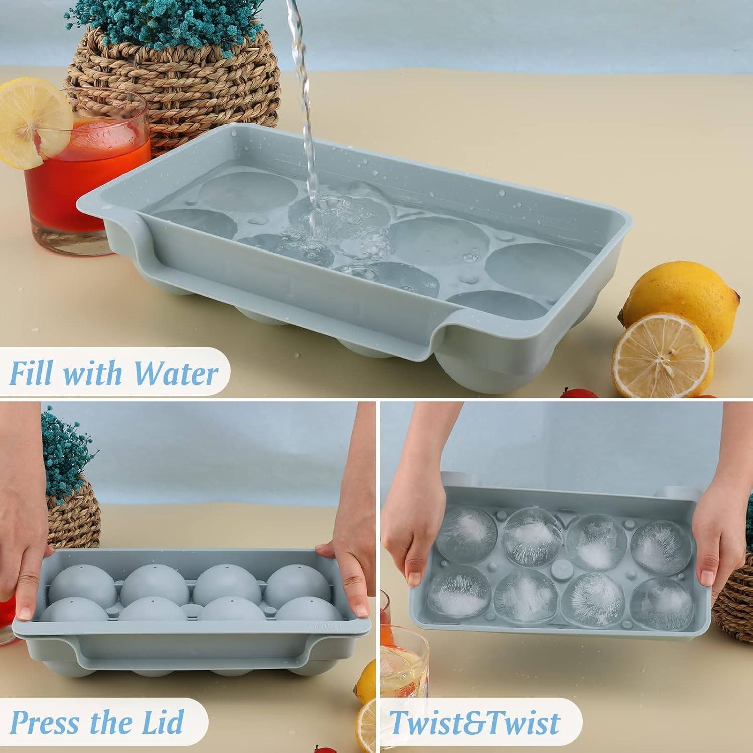 Unigul Ice Cube Trays for Freezer, 2.5'' Ice Ball Maker Mold, 2Pack round Ice Cube Mold, Whiskey Ice Mold with Lid, Bin&Clip, Large Ice Cube Tray Making 16PCS for Chilling Cocktails &Bourbon&Whiskey image number 1