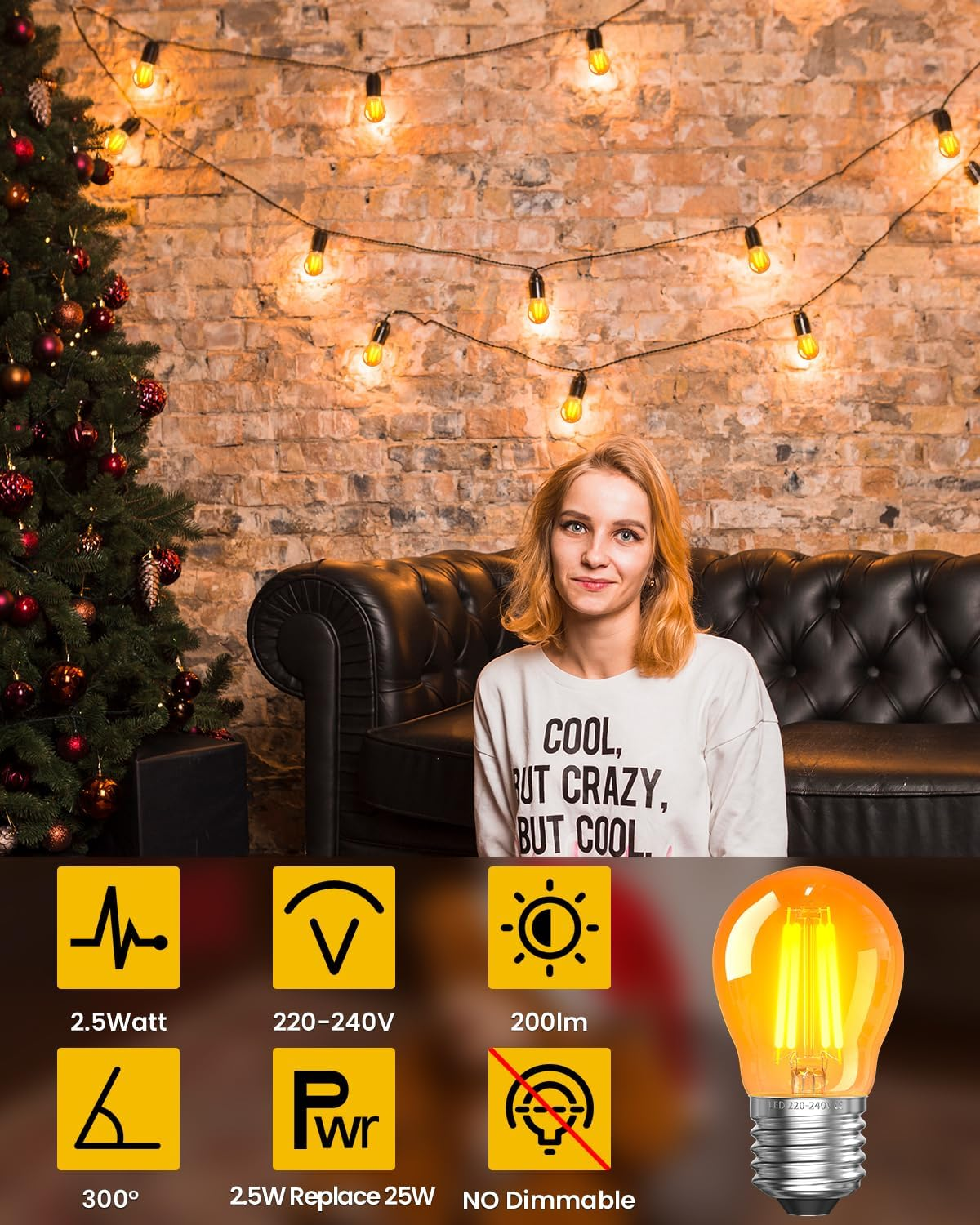 Tobebright 2.5W E27 LED Screw in Light Bulb, Warm White, G45 Golf Ball Edison Vintage, Amber Glass, Equivalent 20-25W, Non-Dimmable, 3-Pack image number 1