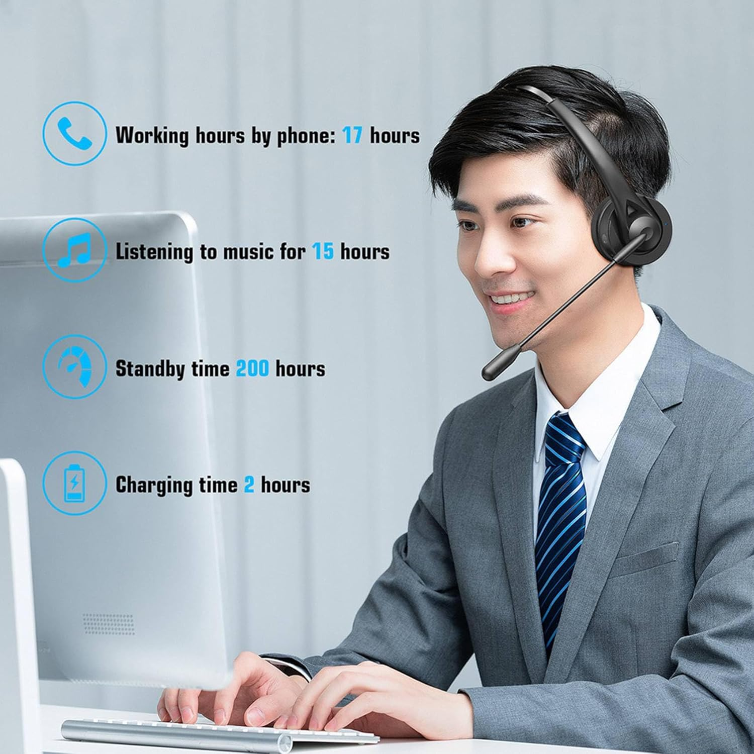 Kaifucy 2X on Ear Headset BT 5.4 Wireless Headphone Call Center Headband Earphone with Noise Cancelling Mic image number 3