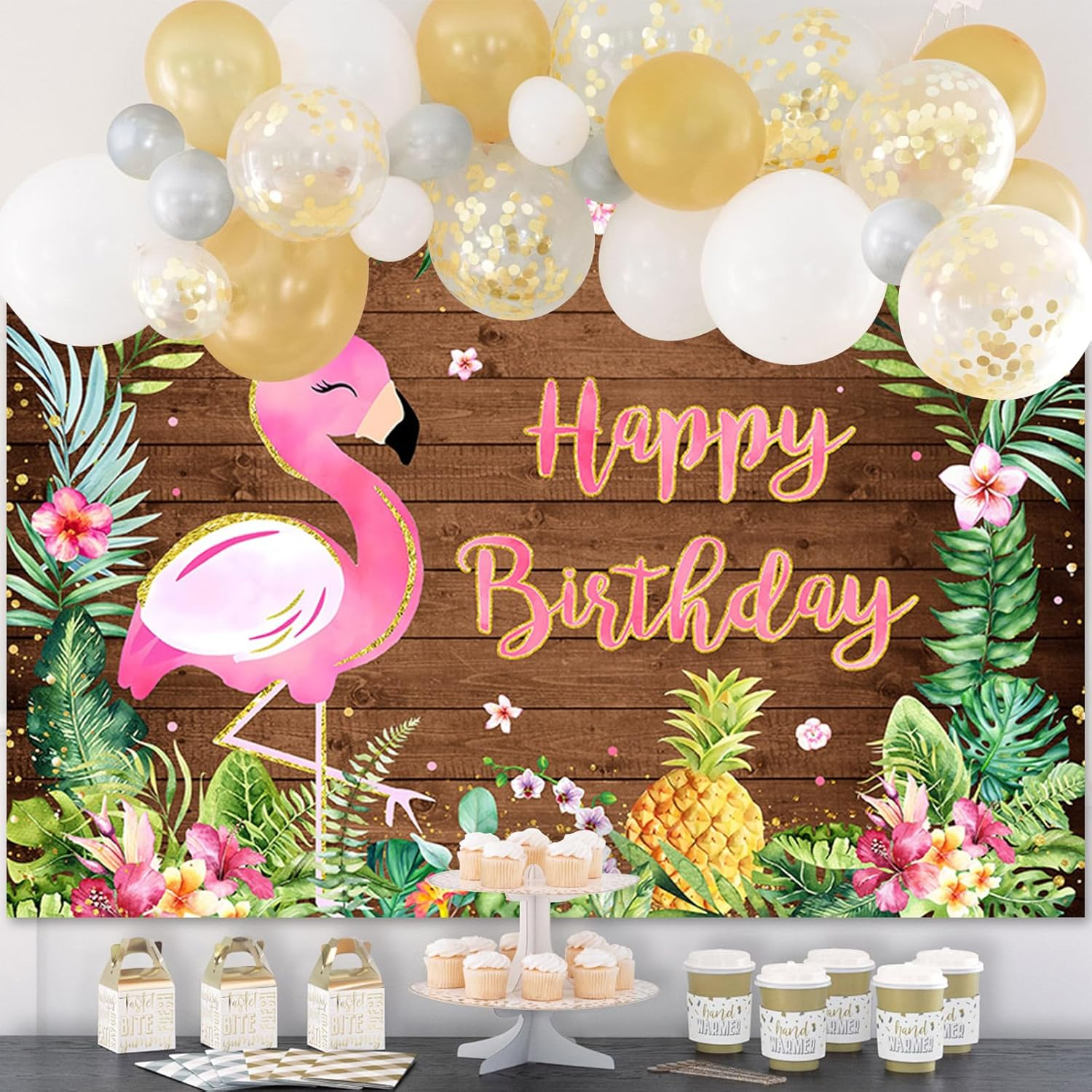 APROPHIC Flamingo Birthday Party Background 2.1 X 1.5 Cm Tropical Fruits, Palm Leaf Background, Happy Birthday Flamingo Decoration, Photo Booth Props, Cake Table Accessories image number 5