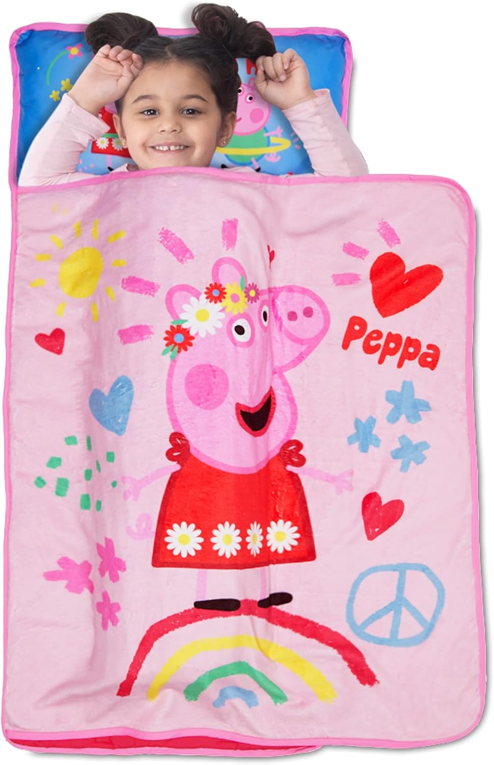 Peppa Pig I'M Just so Happy Toddler Nap-Mat - Includes Pillow and Fleece Blanket &ndash; Great for Girls or Boys Napping during Daycare or Preschool - Fits Toddlers