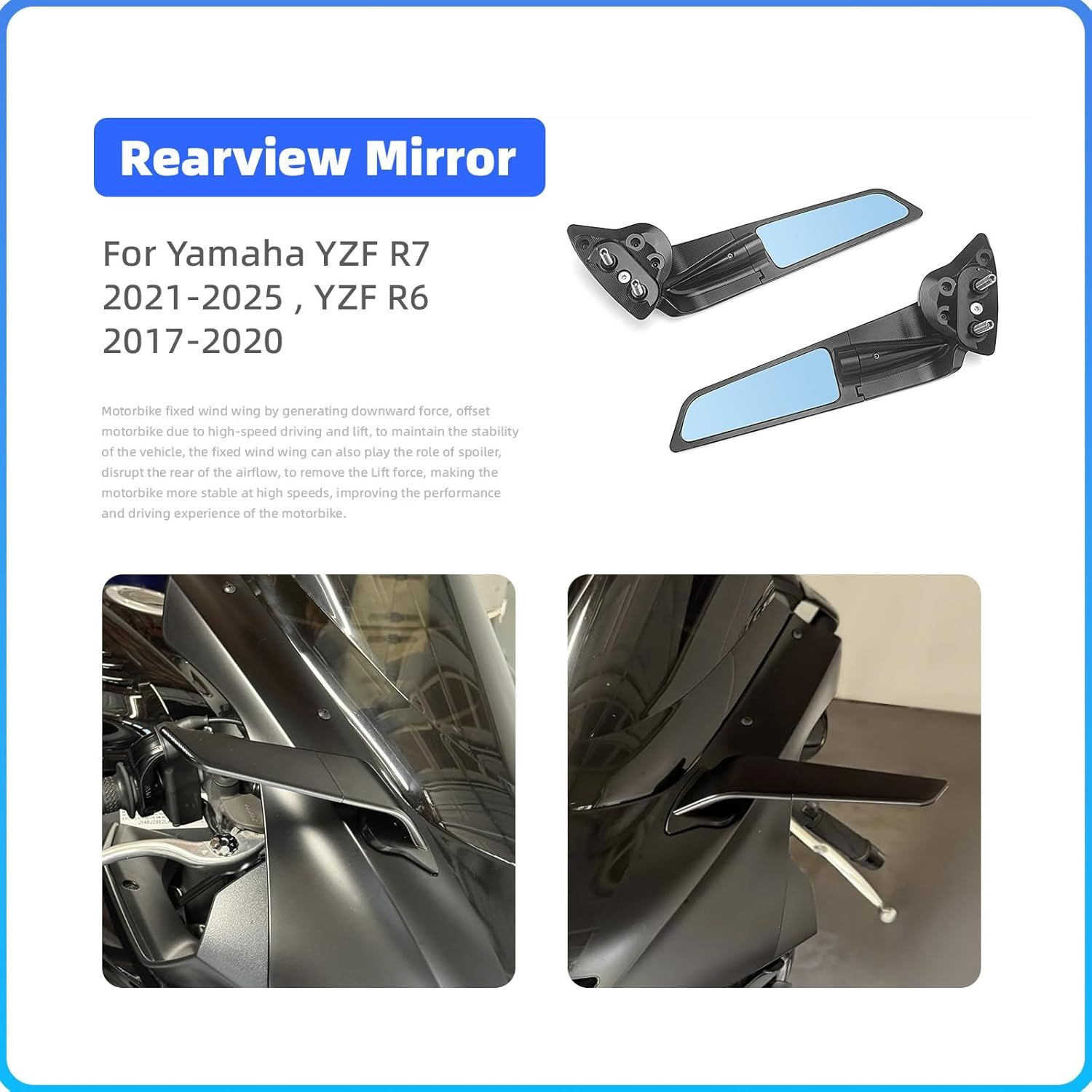 Motorcycle Stealth Side Mirrors, Areodynamic Winglets Rearview Adjustable Mirror Compatible with Yamaha YZF-R7 2021-2025 YZF-R6 2017-2020, CNC Aluminum, with Anit Glare Blue Lens image number 1