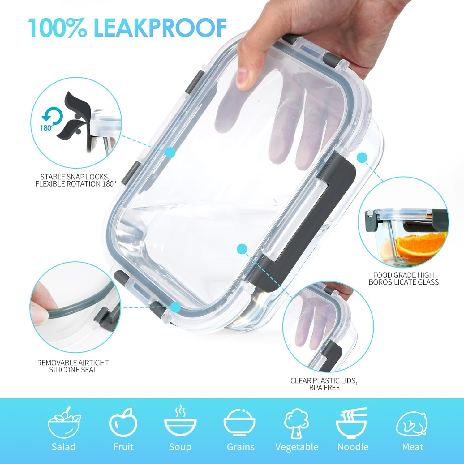 Welbellete 10 Pack Glass Food Storage Containers with Snap Lids (1040ML & 370ML) - Airtight Glass Meal Prep Containers, Leakproof Glass Lunch Containers for Microwave, Oven, Freezer and Dishwasher image number 5