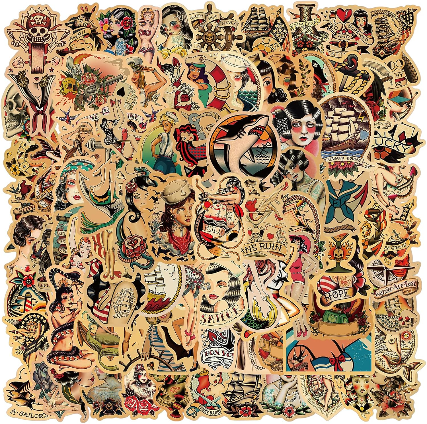 Vintage Stickers, 100Pcs Retro Girl Sailor Jerry Sticker Pack for Adults, Vinyl Waterproof Retro Pinup Girl Deals for Laptop Water Bottle Hydro Flask Car Motorcycle Guitar Phone Luggage Men Decoration image number 5
