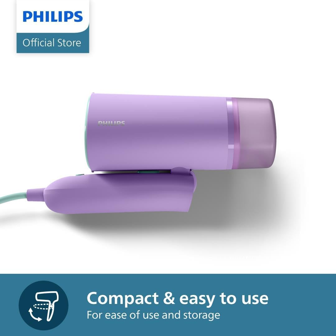 Philips 3000 Series Handheld Steamer - 1000W, 20G/Min Steam, Detachable 100Ml Water Tank, Plastic Plate, Storage Pouch, 630 G Light Weight, Compact and Foldable, Purple (STH3010/30) - Light Green image number 4