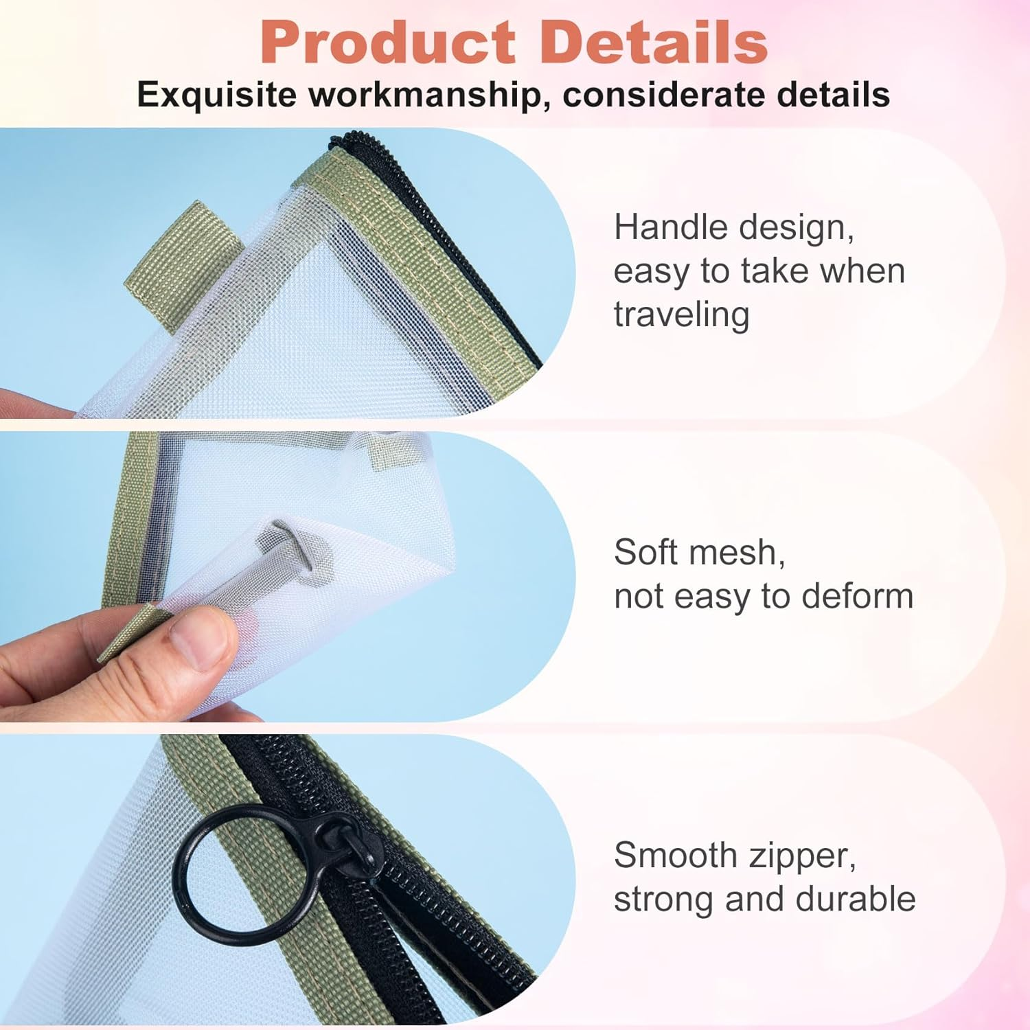 BEIQIYA 3Pcs Mini Mesh Bag with Zipper, Small Clear Nylon Makeup Bags, Portable Travel Cosmetic Pouch Purse for Lipstick Coin Keys Cards- Blue & Pink & Green - Black  Gray  Blue  Red  Yellow image number 7