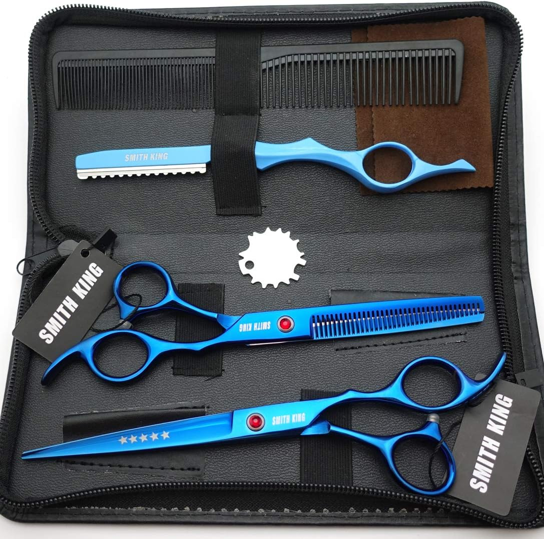7.0 Inches Professional Hair Cutting Thinning Scissors Set with Razor (Blue) image number 4