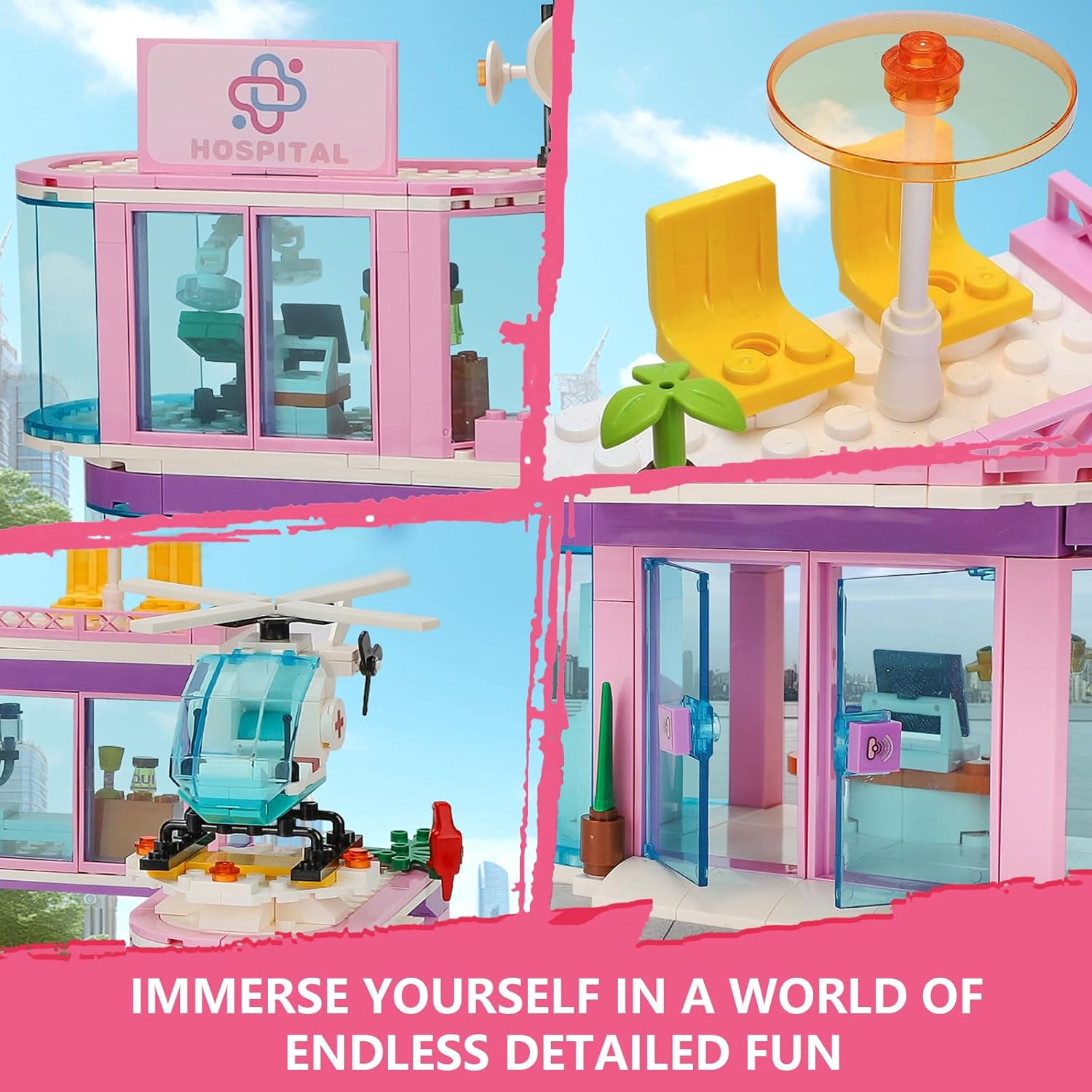 Toy Player Pink Girls City Hospital Building Block Set, Compatible with , Includes Rescue Helicopter, Trailer and Carrier, STEM Gifts for 6-12+ Years Old Boys Girls (791 Pieces) image number 4