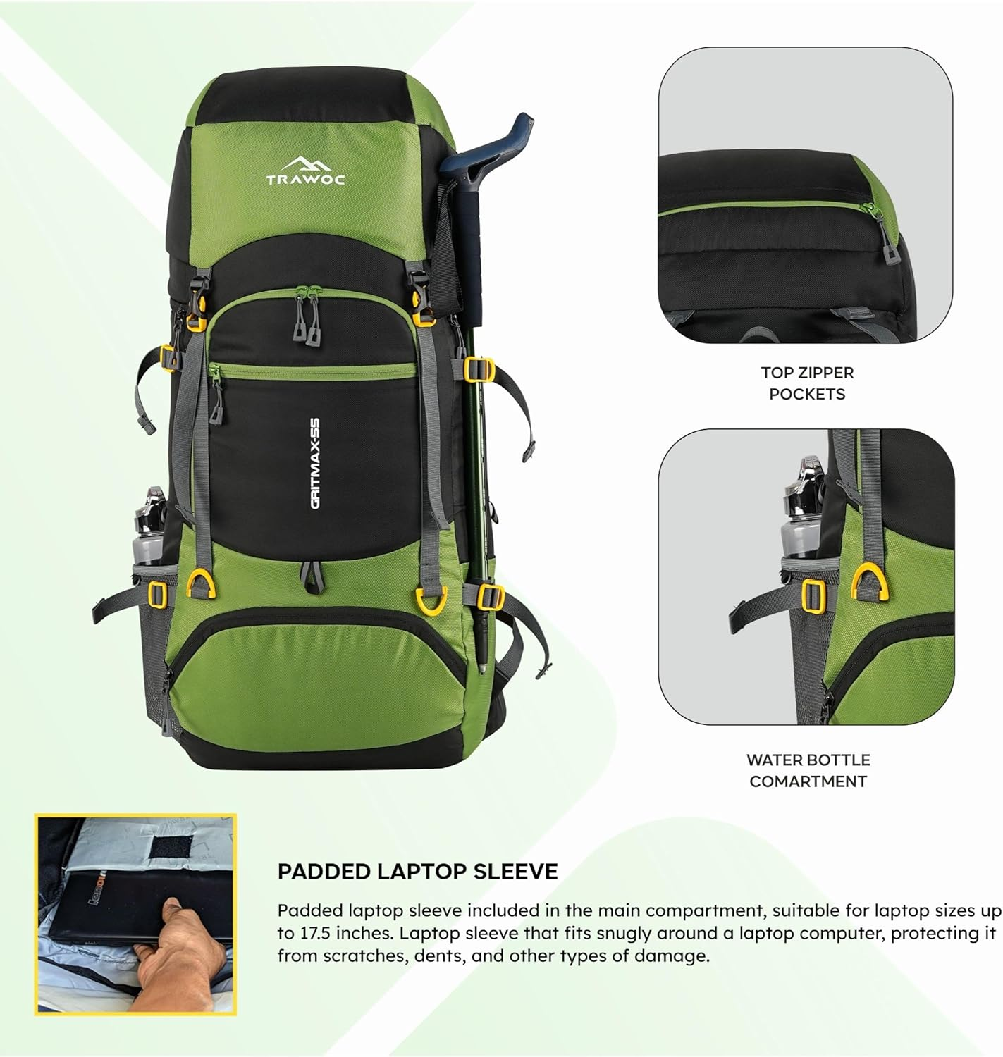 TRAWOC GRITMAX 55 Litre Travel Bag Front & Top Open Backpack for Hiking Trekking Camping, Rucksack for Men & Women with Rain Cover and Shoe Compartment