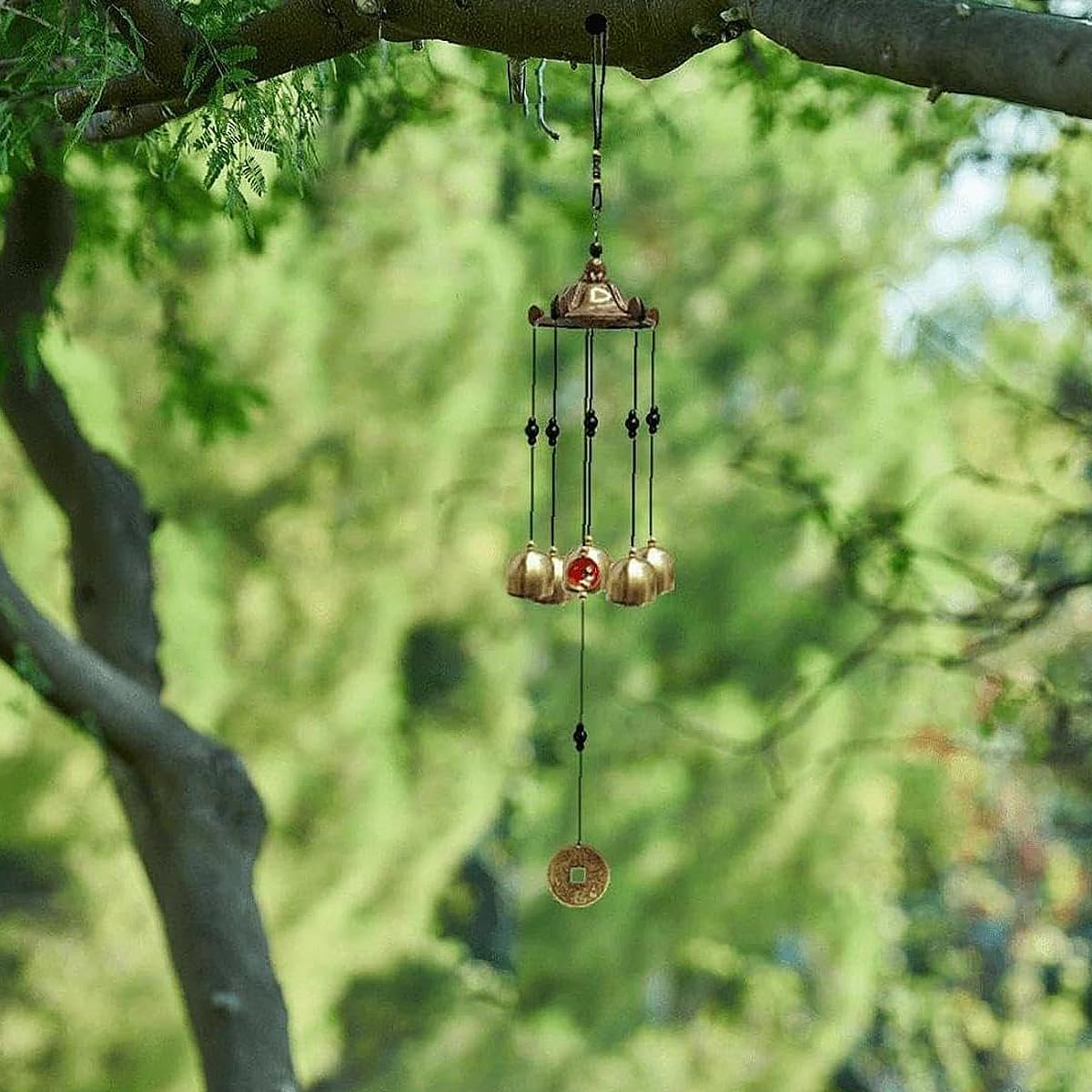 AIMALL Wujiaoting Metal Dragon Wind Bell Pendant - Traditional Feng Shui Wind Chime with Dragon Design, 21.1In Hanging Ornament for Home and Garden D&eacute;cor, Lucky Charm, 5 Bells and Lucky Coin image number 1