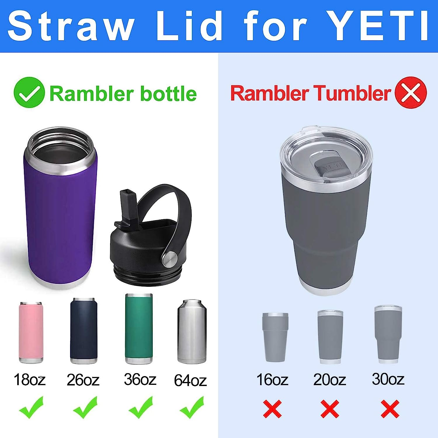 Straw Lid for Yeti Rambler 18 26 36 64 Oz, Lid with Straws and Flexible Handle, Replacement Cap for Yeti 18Oz 26Oz 36Oz 64Oz Rambler Water Bottle Straw Cap, Black image number 1