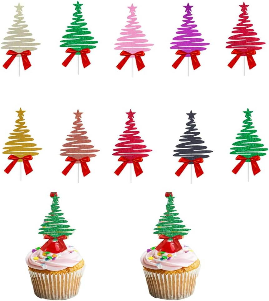 10Pcs Christmas Tree Flag Cupcake Decorations, Christmas Themed Party Birthday Cake Decorations。 image number 3