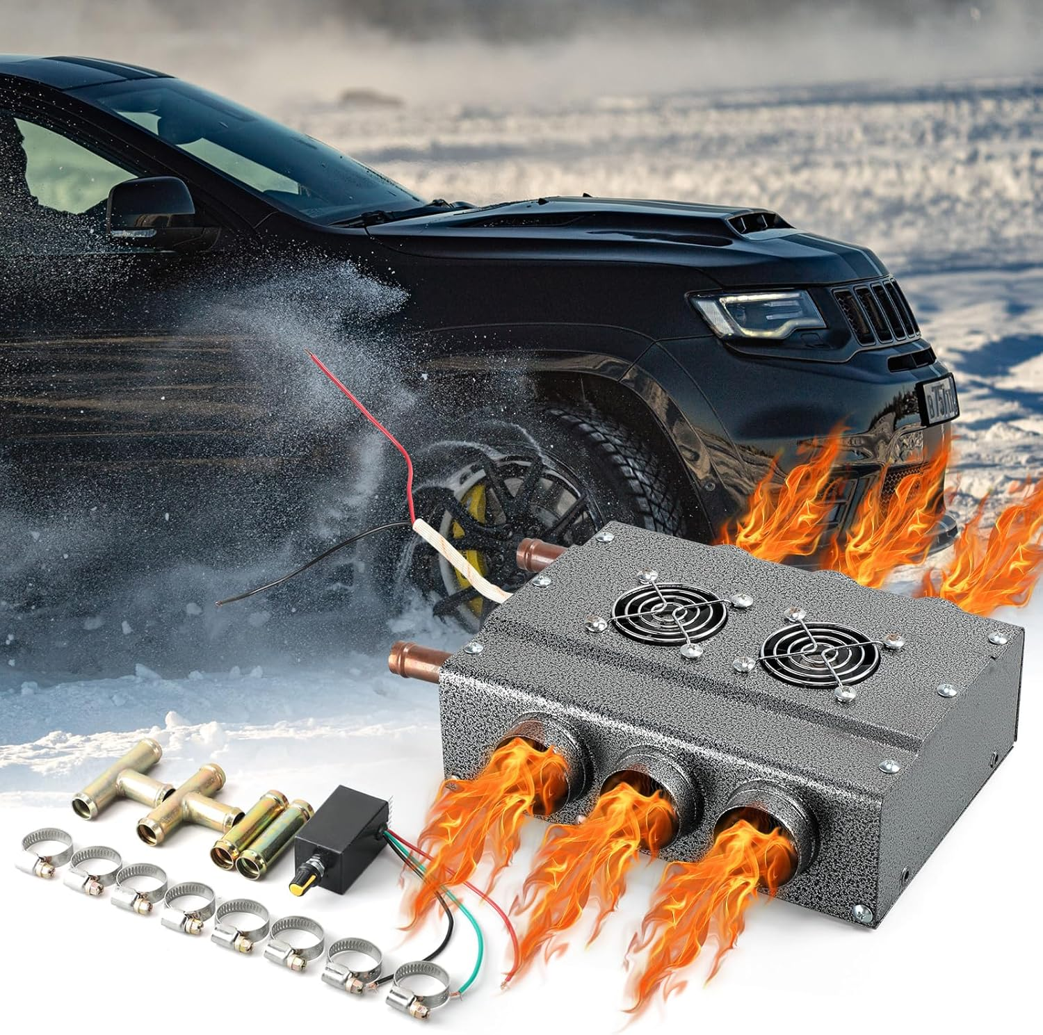 Therwen 12V Universal Car Auxiliary Heater Underdash Compact Heater Kit Winter Automotive Air Conditioner for SUV Utv Camper Defrosting & Heating(4 Ports)