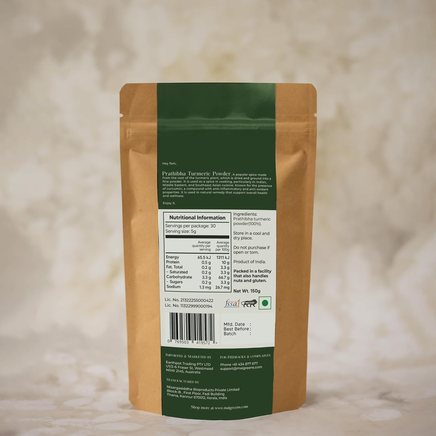 Mai Greens Prathibha Turmeric Powder | Upto 2X Curcumin | Upto 6.5% Curcumin - 150G image number 1